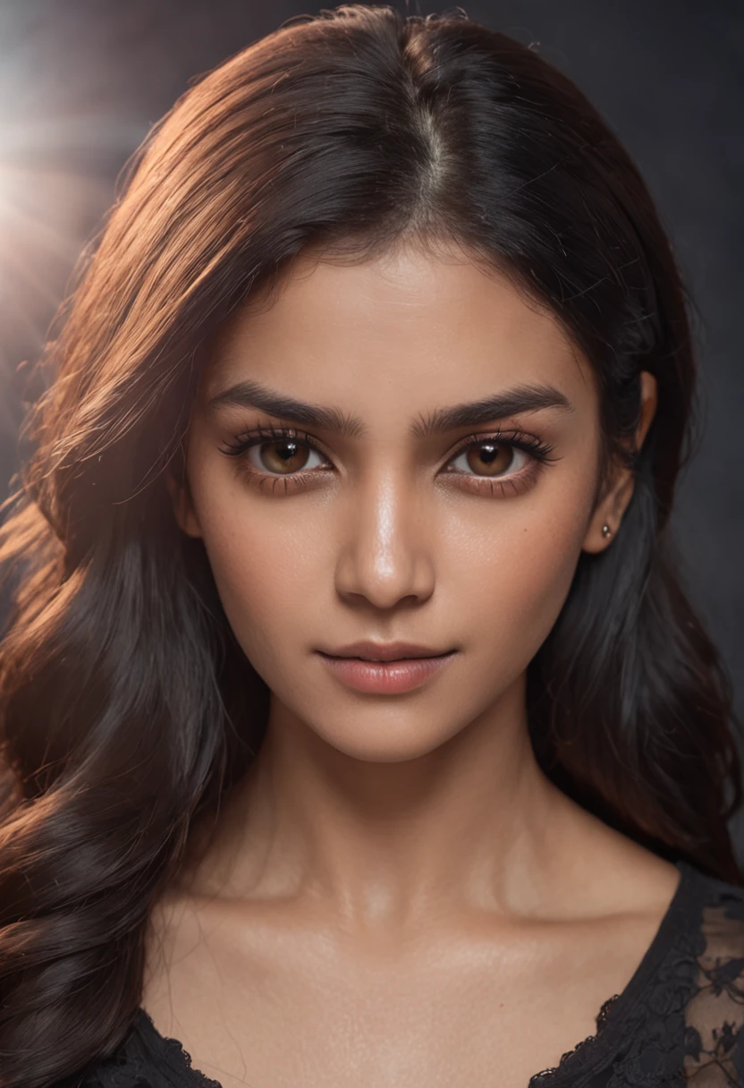 An ultra realistic portrait of a very beautiful indian woman in black tshirt ,hyper detail, cinematic lighting, 4k, 8k, ultra realistic, high resolution, ultra hd, super realistic, sharp, good quality, Movie like, attractive, glowing, cute, sizzling, charming, necklace, sunlight, sparks, glossy, dust particles , 3D look, sunshine, feathers, HD, flowers,Glowing hair, fireflies,blur background, road, crowds, butterflies, glossy eyes