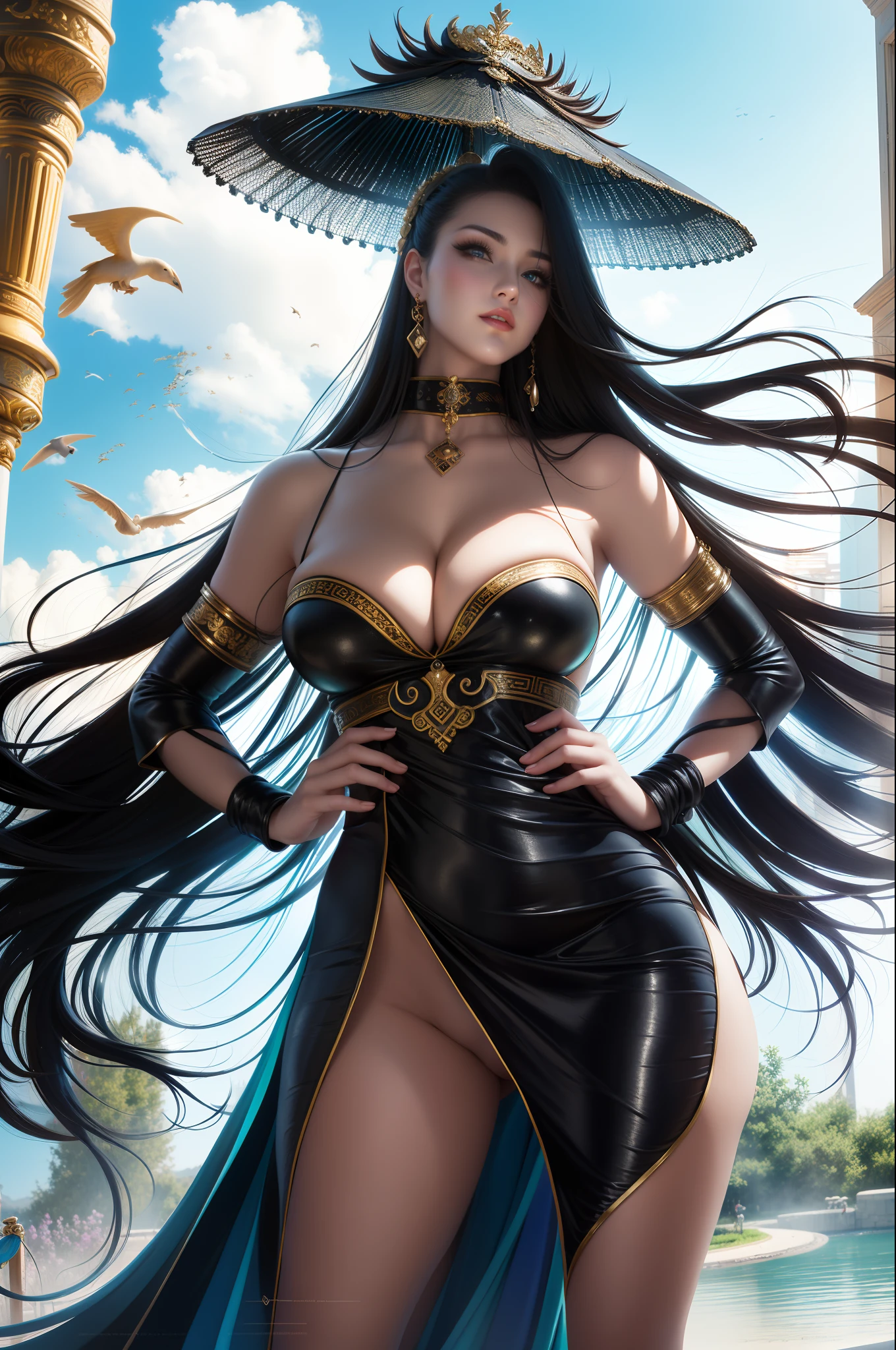 masterpiece, best quality, 1girl, aqua eyes, black hair, closed mouth, multicolored background, looking at viewer, outdoors, solo, upper body, alluring, clean, beautiful face, pure face, pale skin, sexy pose,((luxury dress, breasts slit)), long hair, ((perfect female figure)), mature female, milf, narrow waist, chinese deity, seductive, highly detailed,best quality, masterpiece, highres, original, extremely detailed 8K, wallpaper, masterpiece, best quality, illustration, beautifully detailed eyes, cinematic lighting, earrings, jewelry