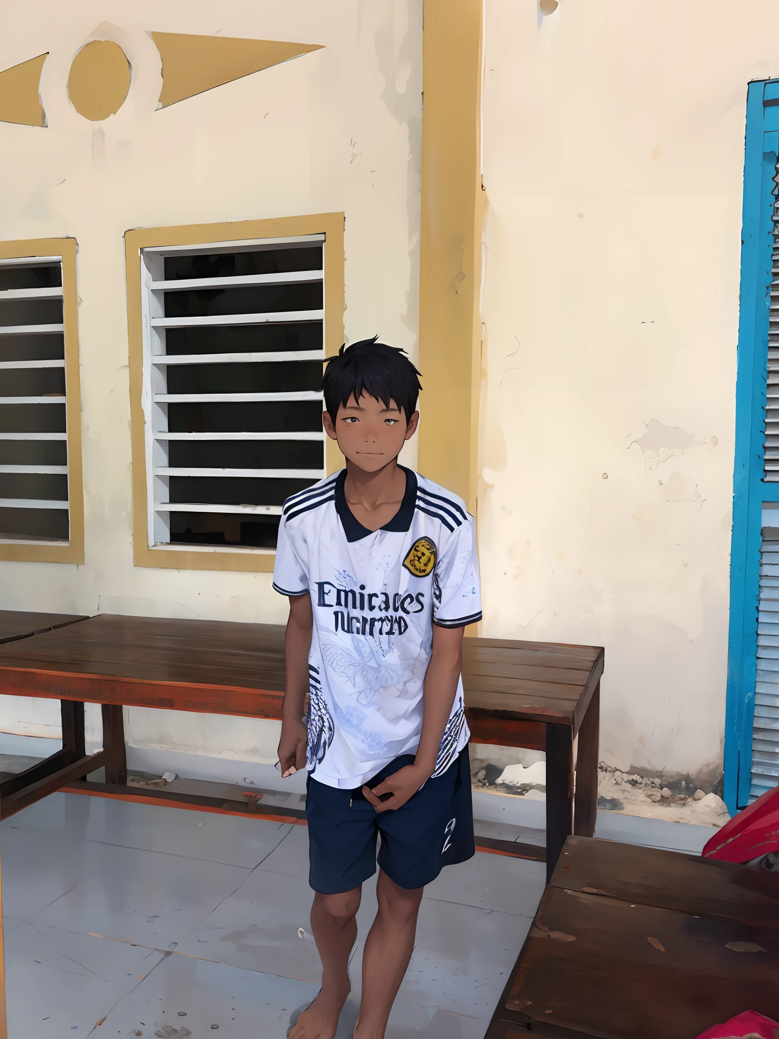 (masutepiece, Best Quality),1boy,(11Year old boy,child-faced),Body tilt,Sagging hands,delicate big eyes,Open your eyes,smooth and delicate skin,infancy,young age,short round face,Flat chin,finely detaild face,well-muscled,shorth hair,vivd colour,(depth of fields:1.2),looking at viewert,top-down perspective,top-down perspective