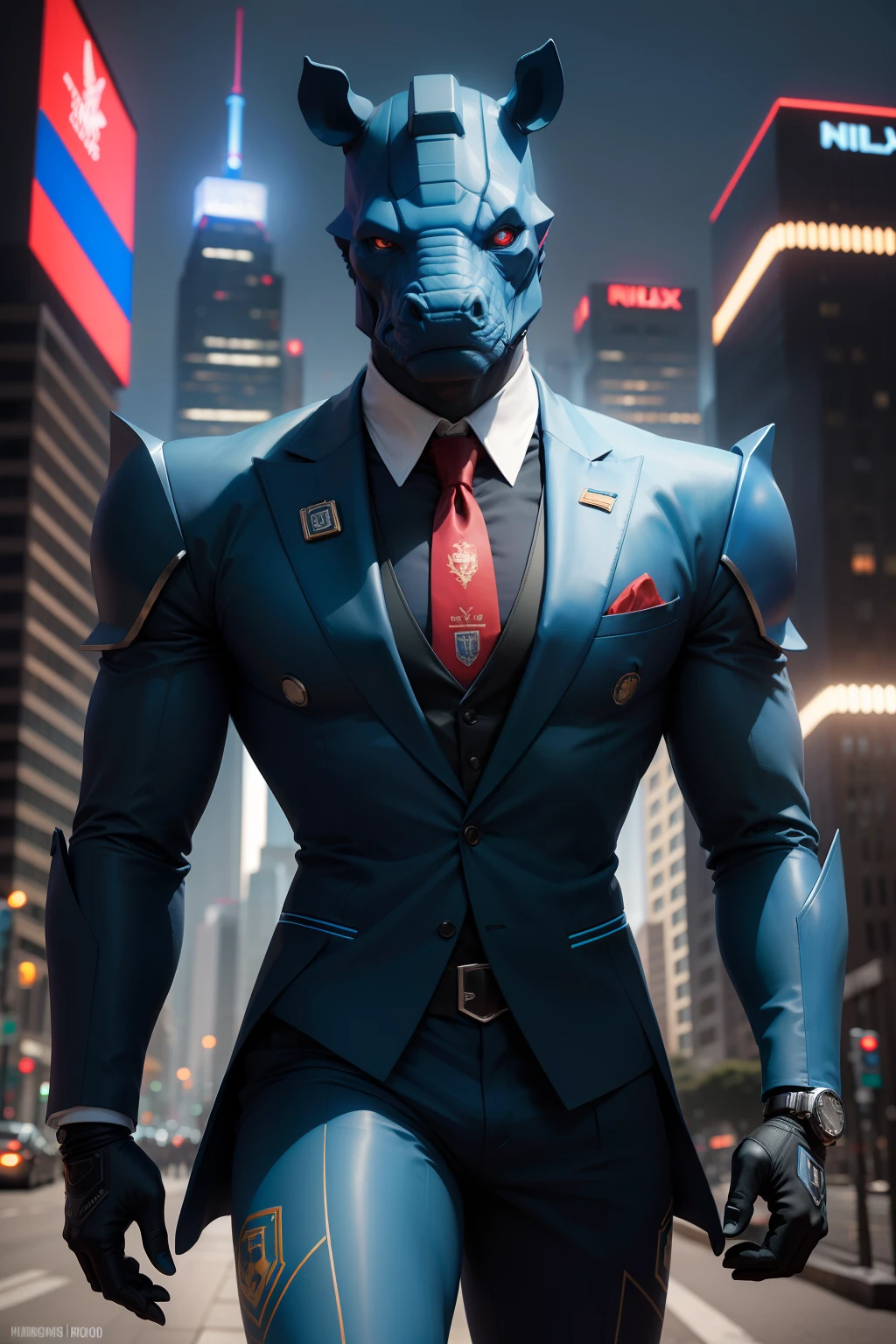 humanoid robot rhinoceros, blue suit, red tie, redie hanky, futuristic city background, rolex watch, french cuffs, ultra realistic, 8k, facing camera, nikon D7500, high resolution, detailed
