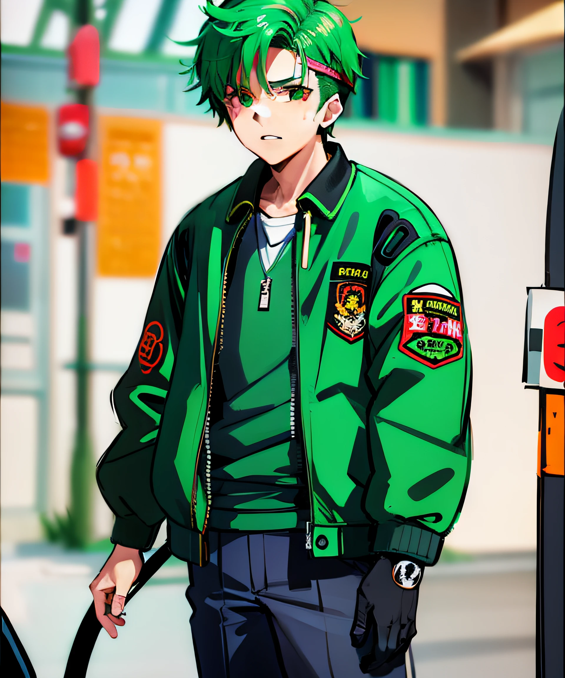 shoun、kawaii、 Green Color Bomber Jacket, Boy is wearing streetwear, wearing green jacket, japanese streetwear, Wearing a dark green bomber jacket, sensuous, street wear,Jacket, Boy in Streetwear, streetwear fashion, He wears a jacket,Delicate and thin like a woman、１０Teenage Boy
