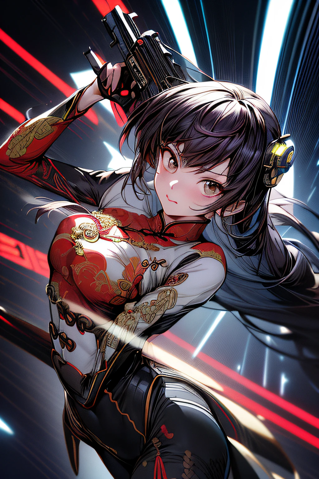 (comic book style),(linear art_Anime),(masutepiece, Best Quality, ),(Laura Bad Picture:1.2),(Lora Add Details:1.2),A highly detailed,(flat-colors:0.8), 8K,1 girl in、(Futuristic Chinese Fashion_Luxurious embroidery:1.2),Cyber Chinese Style_high-tech backdrop、(machinery background_Chinese background:1.0)、(cyberpunked:0.8)、(Cyber Gun_Cyber weapons:1.0)