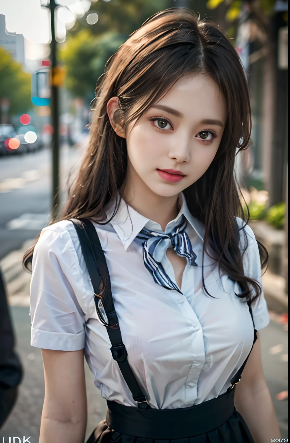 best quality, masterpiece, 1 girl, beautiful face, (photo photo:1.3), edge lighting, (high detail skin:1.2), 8k ultra hd, dslr camera, high quality, high resolution, 4k, 8k, bokeh, ridiculous, best ratio four fingers and one thumb, (realistic:1.3), cute 1girl, wearing black suspenders, medium breasts, short skirt,