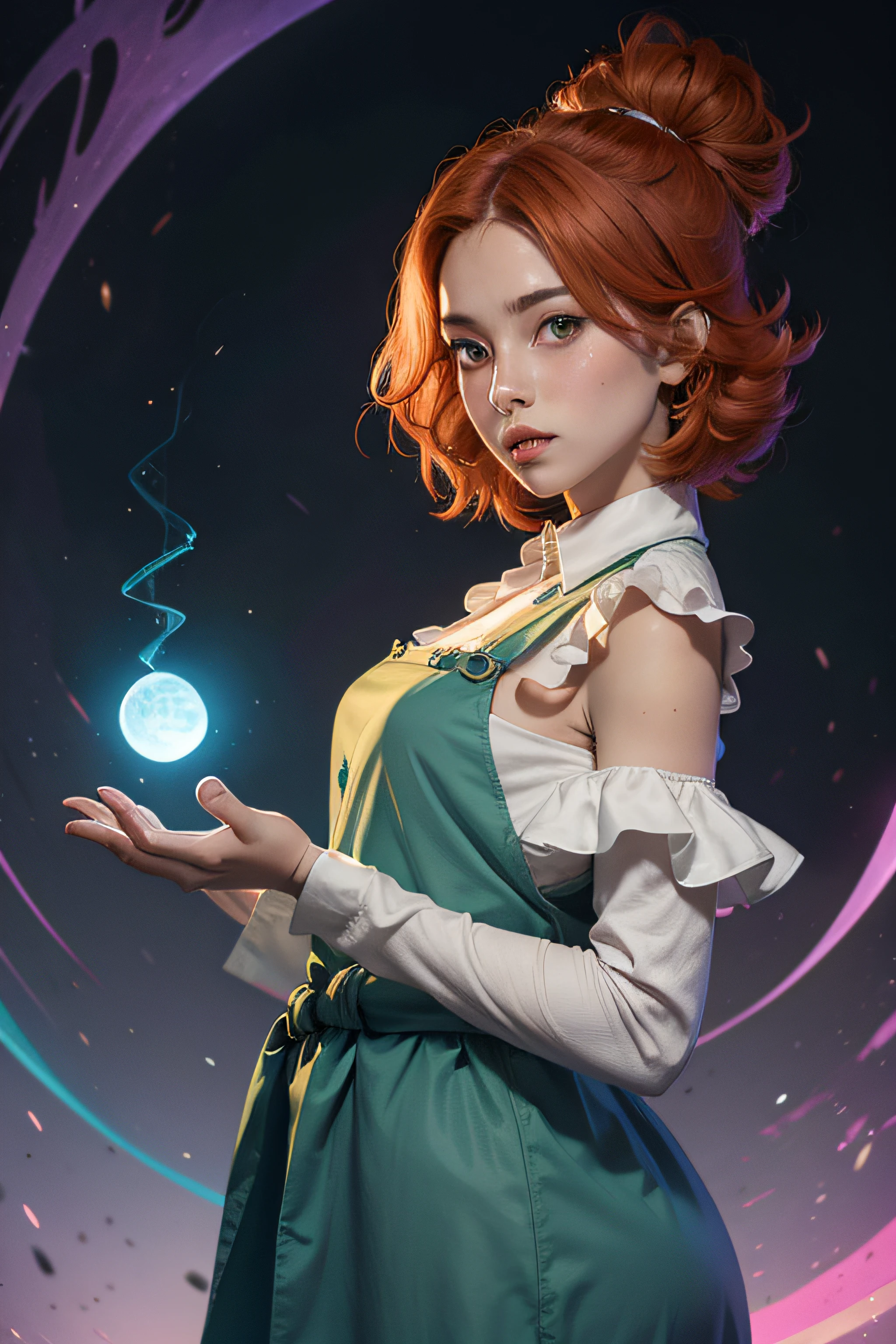concept art, overhead angle of a Will-o'-the-wisp, wearing Funny Somali Emerald deep orange Pinafore, Caramel hair styled as Short hair, fluorescent purple Hair tie, equirectangular 360, Highres,  [(art by Willi Baumeister:1.1), (art by John T. Biggers:1.2)::17], official art, unity 8k wallpaper, ultra detailed, aesthetic, masterpiece, best quality, photorealistic
