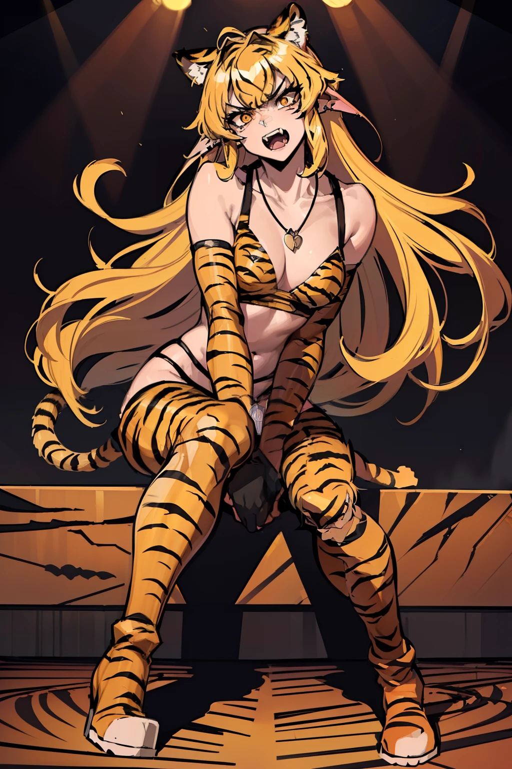 20yo, 1girl, solo, (angry:1.2), small chest, (muscular:1.2), fangs, (blonde long hair, tiger print bang:1.2), (tiger ears, locket necklace, triangle locket, black sport bra, tiger print long pant, tiger print elbow gloves, black knee boot:1.2), sitting on stage, stadium in background, spot light on head, singing