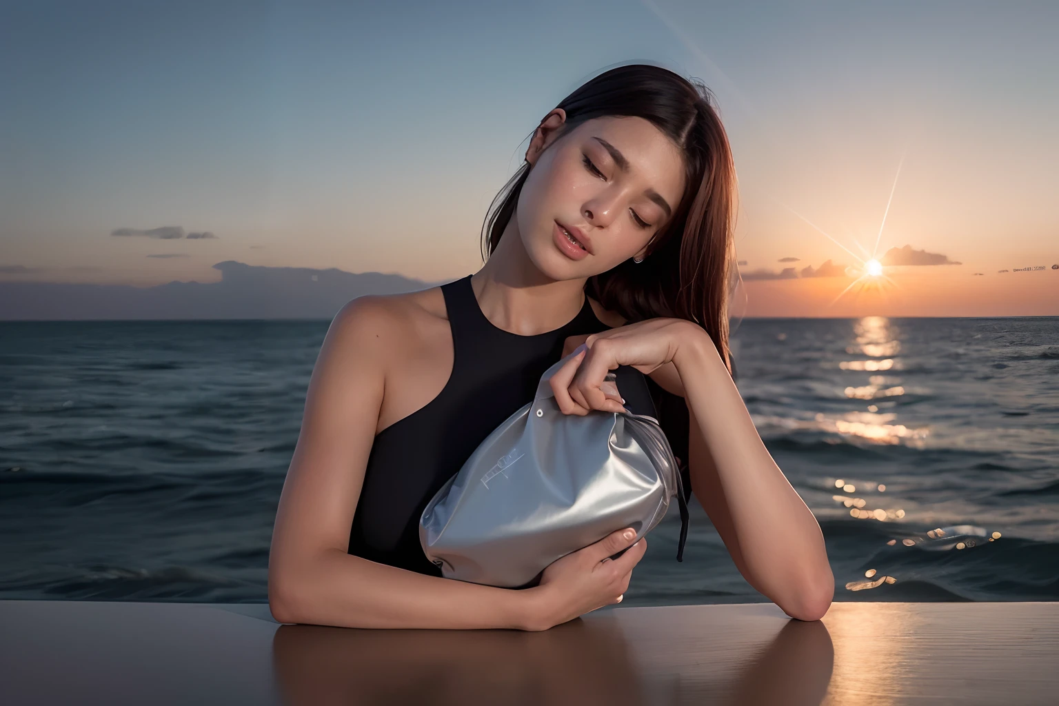 The Alfid woman held a gray purse on the table, Fluid bags, Product photo, designed for cozy aesthetics!, 2 0 2 0 fashion, Official product photo, 😭 🤮 💕 🎀, product introduction photos, 🤬 🤮 💕 🎀, professional product photo, Official product image, thicc, Satin, high quality product photo, Sacoche, side - view,Cinematic lighting effects,k hd,Hermès official product image,Luxury photography,Behind the woman are floor-to-ceiling windows,Floor-to-ceiling windows look out at the sea at sunset。