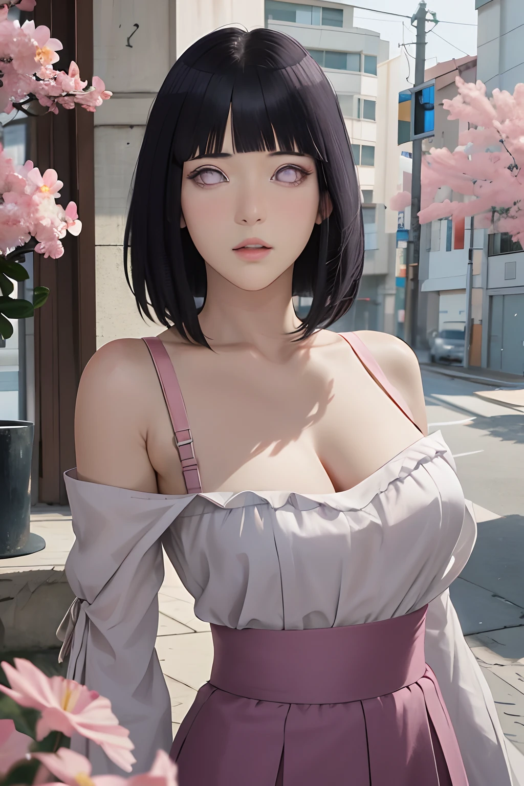masterpiece, absurdres, hinata\(boruto\), 1girl, solo,mature female, off-shoulder strap bra, high waist short skirt, looking at viewer, (falling petals), perfect composition, detailed lips, big breast, beautiful face, body propotion, blush, (pink lips), long hair, purple eyes, soft gaze, super realistic, detailed, photoshoot, realistic face and body,