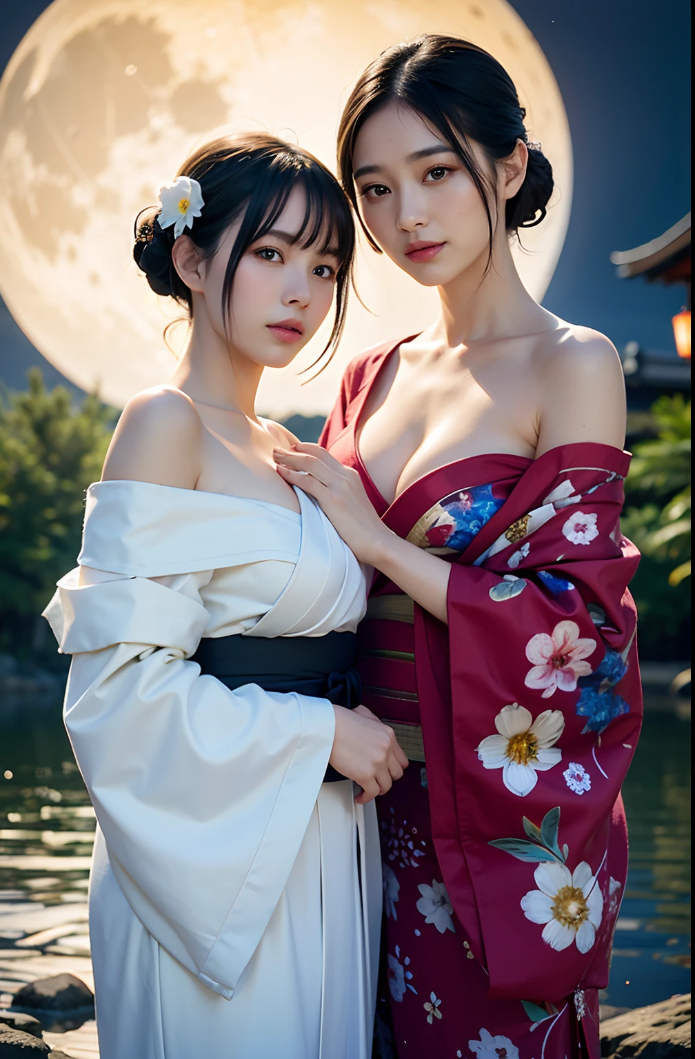 (((two girls,duo,stroking,face focus))), breasts, moon, lantern, night, solo, large breasts, hair ornament, wet, kimono, japanese clothes, wading, water, hair flower, flower, outdoors, sky, full moon, rain, black hair, off shoulder, mountain, cloud, holding, sash, bare shoulders, paper lantern, standing, white kimono, night sky, sideboob, obi, wet clothes, bangs, tree, from side, reflection, short hair, cloudy sky, wet hair (((masterpiece),(extremely detailed CG unity 8k wallpaper),best quality,cinematic lighting,detailed background,beautiful detailed eyes,bright pupils, (an extremely delicate and beautiful),(Beautiful and detailed eye description), ultra-detailed,masterpiece,)),