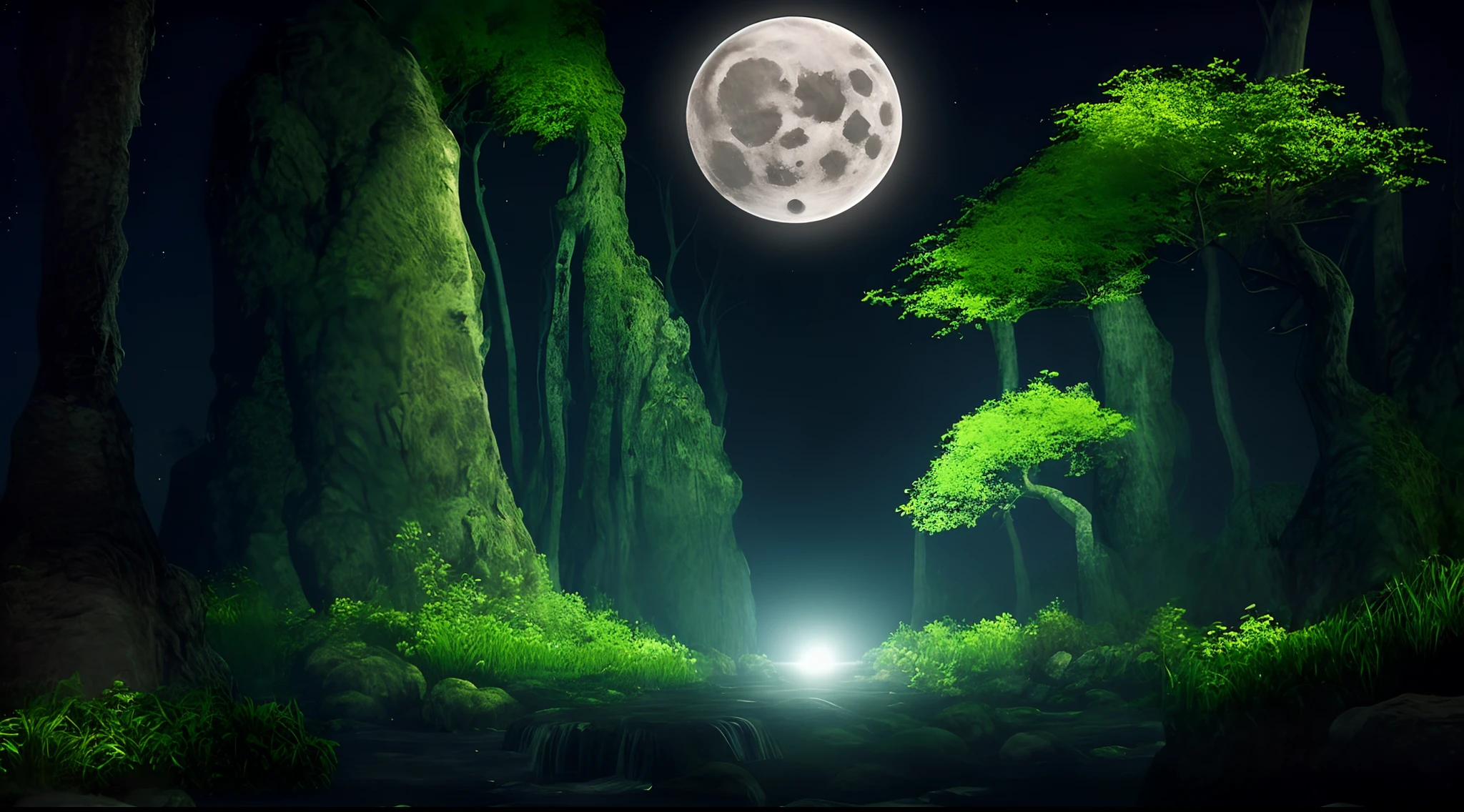 Create a forest full of leafy trees at night in the moonlight
