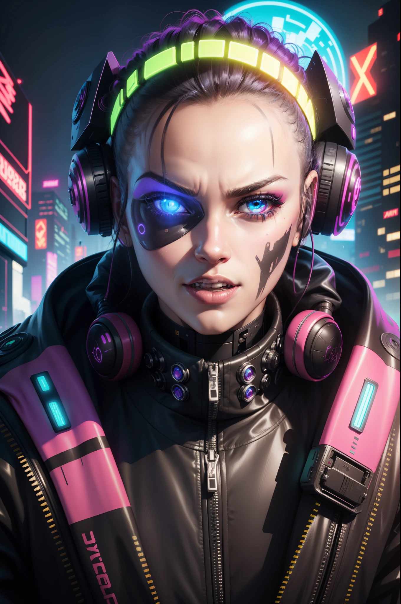 a close up of a person with a weird face, cyberpunk art, inspired by Dan Mumford, shock art, colorful explosion, 3 d render beeple, brutal joyful face expression, cyborg zombie, blacklight reacting, beautiful robot character design, cyberpunk 2077”, vector artwork, lowres, glowing mouth