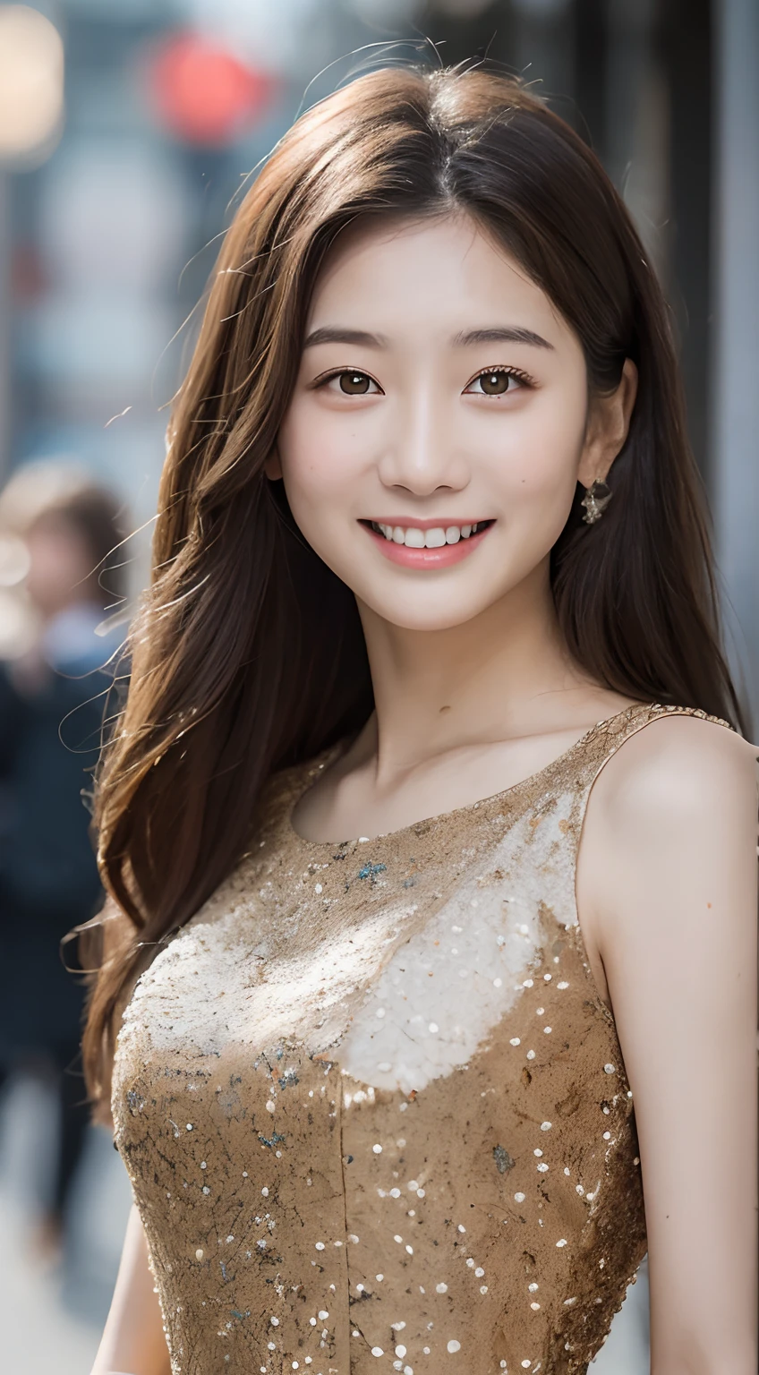 (Highest image quality,8K分辨率,A classic masterpiece),1 smiling girl,Faraway view,Slim and beautiful face,Charming long black hair,Floral skirt,Fine face in detail,Bright eyes,Standing on the beach,Sea view from afar。