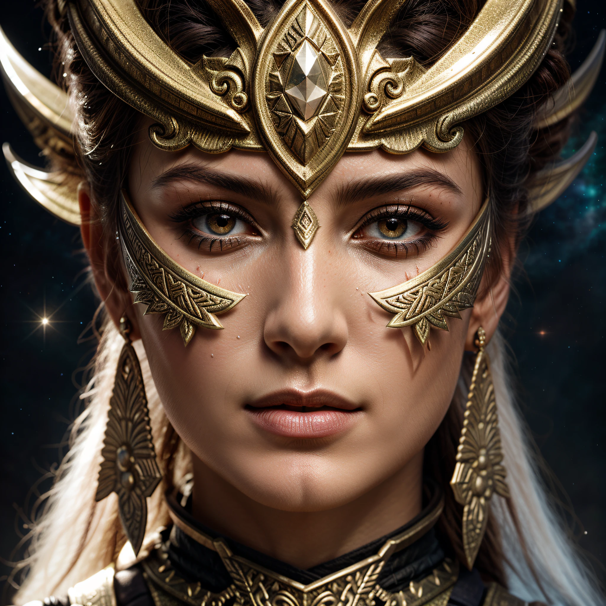 Main object: Warrior's face, goddess warrior
Description: Unparalleled beauty, battle-hardened yet graceful, striking features with scars that tell stories, eyes reflecting both the cosmos and strength
Art type: 3D photorealistic close-up illustration
Art sub-type: Fantasy goddess warrior portrait
View angle: Close-up, eye-level
Background: Celestial realm merging with cosmic dust, offering a divine backdrop, hints of ancient ruins
Lighting: Soft, ethereal illumination caressing every contour, highlighting intricate facial details and battle scars