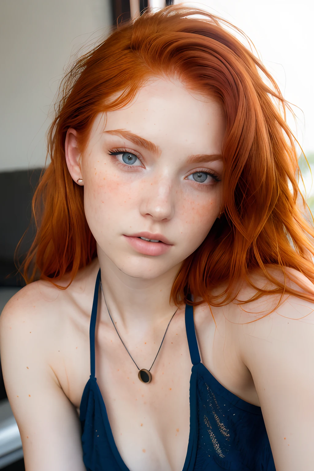 raw, a photo of a seductive teenager with loose styled, (redhead hair:1.2), bored, she is wearing a blue halter top, mascara, close up of face, (textured skin, skin pores:1.1), imperfect skin, goosebumps, flawless face, (sun-kissed:1.1), ((photorealistic):1.1),