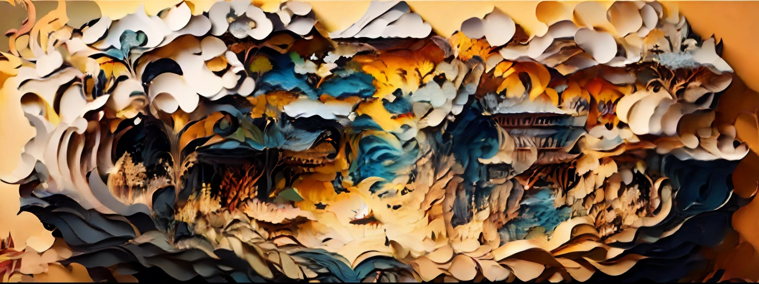 Three-dimensional paper cut Multi-dimensional paper - cut，Chinese painting Chinese illustration，Landscape landscape，auspicious clouds，Light beige colorbackground，Gradient Makaron style