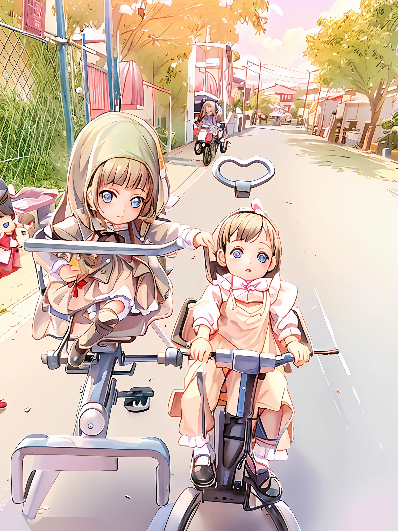 they are two dolls sitting on a small bike on the street, ball jointed doll, bjd, several dolls in one photo, loli, cute pocelain doll, detailed!!, dollfie dream, highly_detailed!!, very cute and childlike, [ realistic photo ]!!, e - girl, e-girl, kawaai, cutest