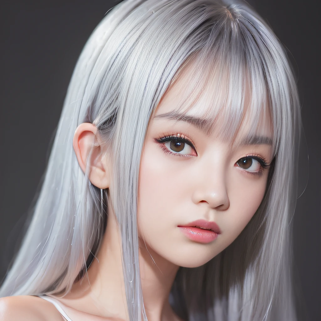 (Silver Inner Hair)(Extreme close-up)(Professional Lighting)(8K 、RAW Photos、top-quality、​masterpiece)、(realisitic、Photorealsitic:1.37)、ultra-detailliert、女の子 1 人、20 years old、layers-Cut、OL,undergarment（Black eye）（wink）