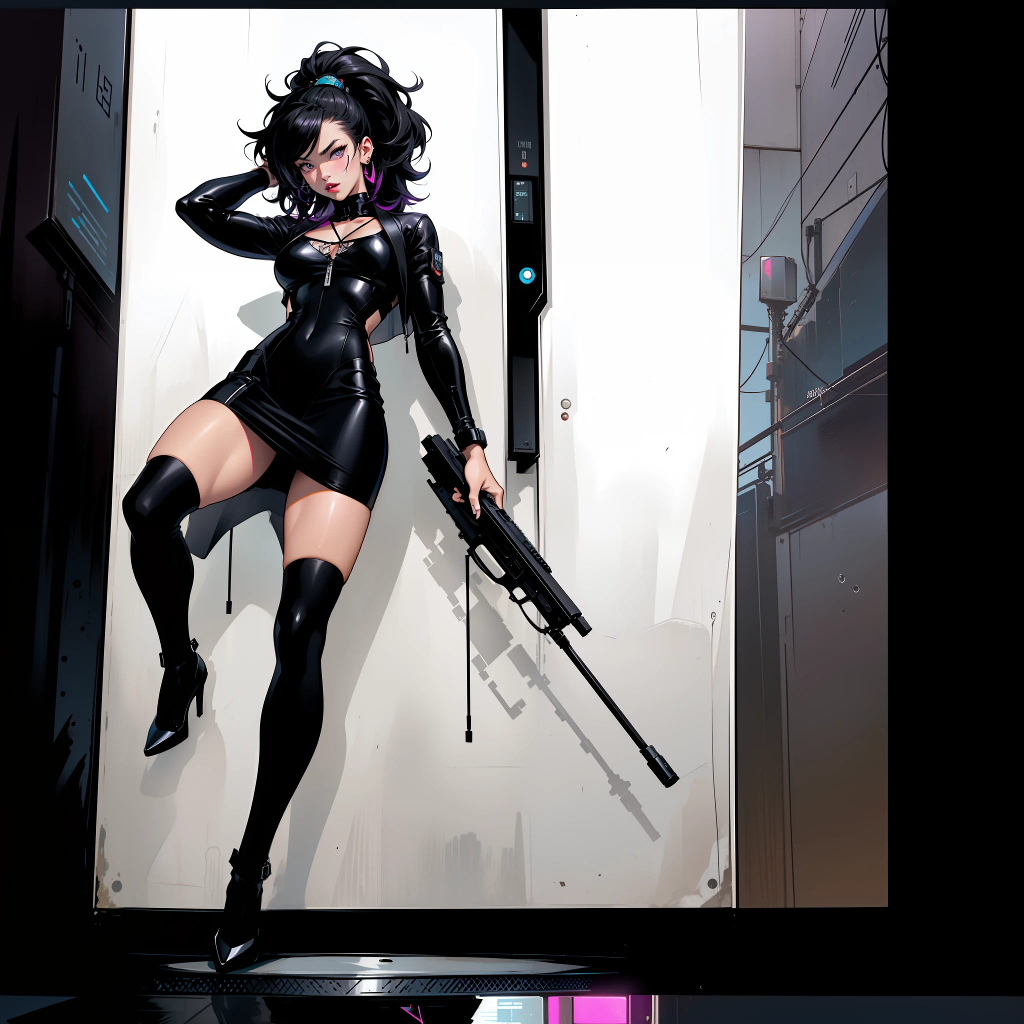 Holding a big black cool machine gun、Lisa from BLACKPINK: Lisa has an impressive and exotic appearance. Her black hair is often styled in a bold and modern way, And she is also known for her unique hairstyle. His eyes are big and intense, with long, Curved lashes. Lisa is perfect, tanned skin with delicate and distinct characteristics,. Their lips are full、has a naturally pinkish tint. Unleash charismatic energy、Have an intense stage presence. 1girl in, Solo, Colorful, Cyberpunk, city, Dressed, piece sign, earrings, neons, Beautiful lighting, Purple Reflection, Cap, Character Focus, CG Illustration