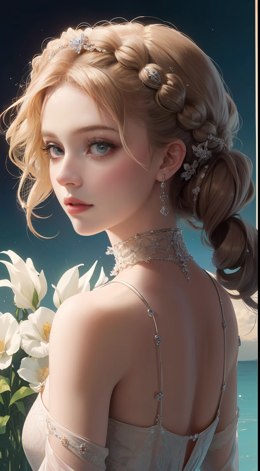 (Ultra-high quality masterpiece，Beautiful bust of an 18-year-old noble girl，Delicate classical coiled hair，Braided hair，Hair bags，The eyes are shiny and clear，Floral craftsmanship，crystal、Diamond jewelry，Ultra-fine details，Soft lighting)