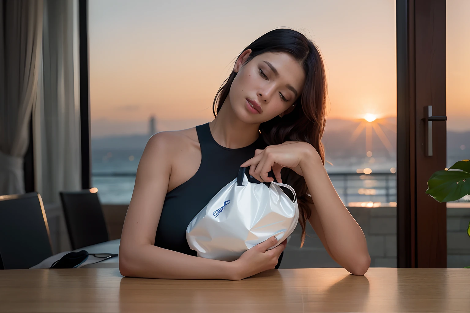 The Alfid woman held a gray purse on the table, Fluid bags, Product photo, designed for cozy aesthetics!, 2 0 2 0 fashion, Official product photo, 😭 🤮 💕 🎀, product introduction photos, 🤬 🤮 💕 🎀, professional product photo, Official product image, thicc, Satin, high quality product photo, Sacoche, side - view，Cinematic lighting effects，k hd，Hermès official product image，Behind the woman are floor-to-ceiling windows，Floor-to-ceiling windows overlook the sunset sea。