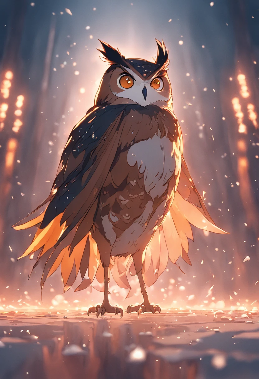 Vertigo 3D model of owl with intricate details, Decorated brown cape, Standing in the snow, Cinematic, Cinematic lighting, rendering by octane