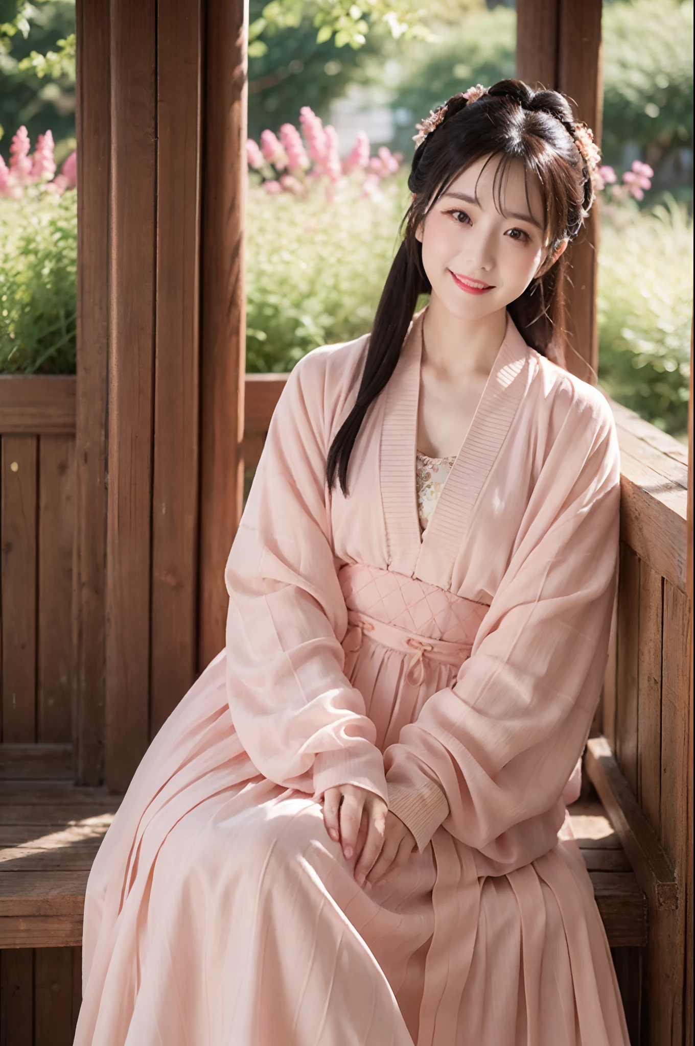 Outdoor, Looking at camera, Blush, 1girl, Cute, Seated, (Smile:1.15), (Closed mouth), Makeup, (Small:1.1), Fine eyes, (Eyelashes:1.1), (Cleavage:1.1),Knee socks, (Back arm: 1.4), (Upper body: 1.6), See-through, Han Dress, Jin, Jin Dynasty, Jin Clothing