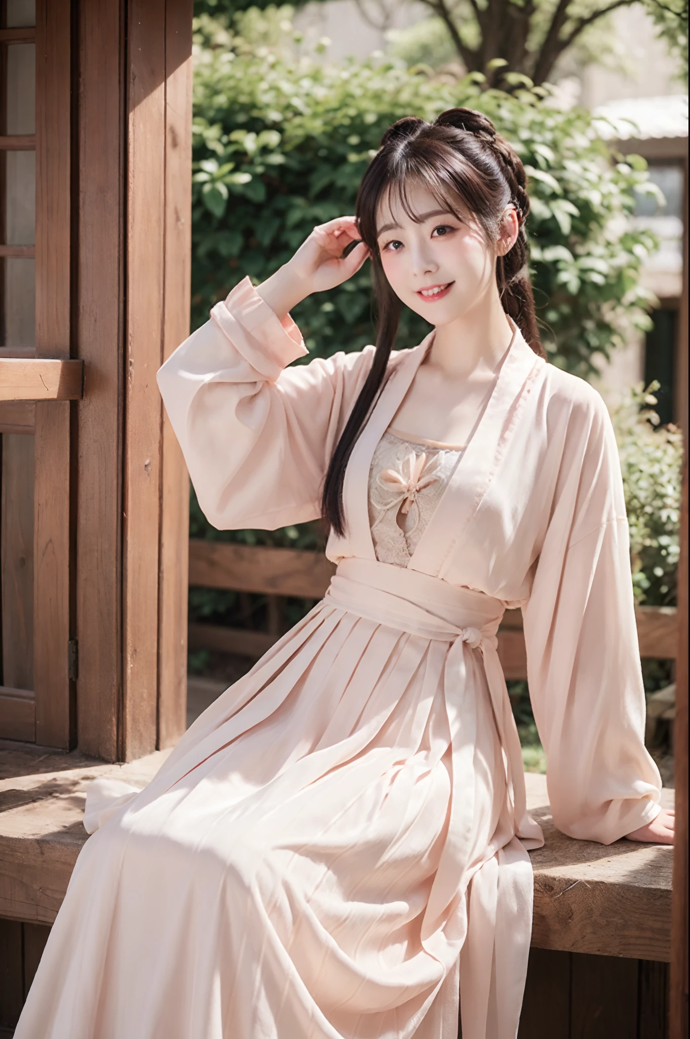 Outdoor, Looking at camera, Blush, 1girl, Cute, Seated, (Smile:1.15), (Closed mouth), Makeup, (Small:1.1), Fine eyes, (Eyelashes:1.1), (Cleavage:1.1),Knee socks, (Back arm: 1.4), (Upper body: 1.6), See-through, Han Dress, Jin, Jin Dynasty, Jin Clothing