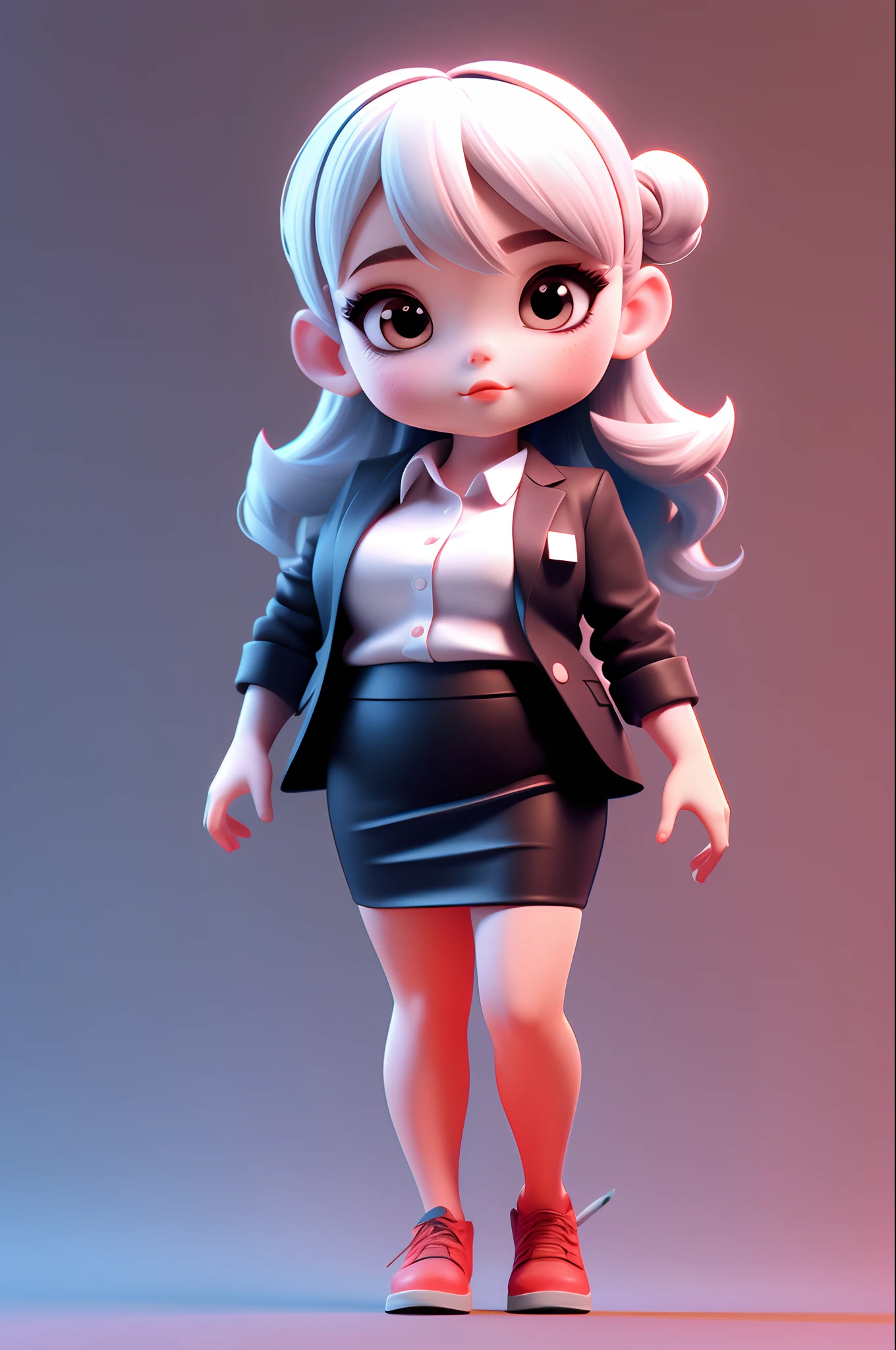 3dcharacter, chubby office girl,white shirt, black pencil skirt,(full body:1.2),simple background, masterpiece,best quality,(red gradient background:1.1)