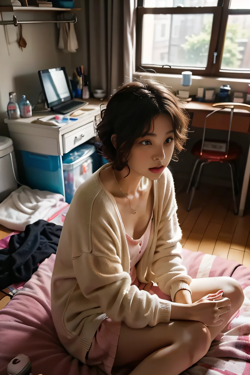 Her rough life、Short curly hair、Unkempt hair、messy room、Laundry on the windowsill、inattention