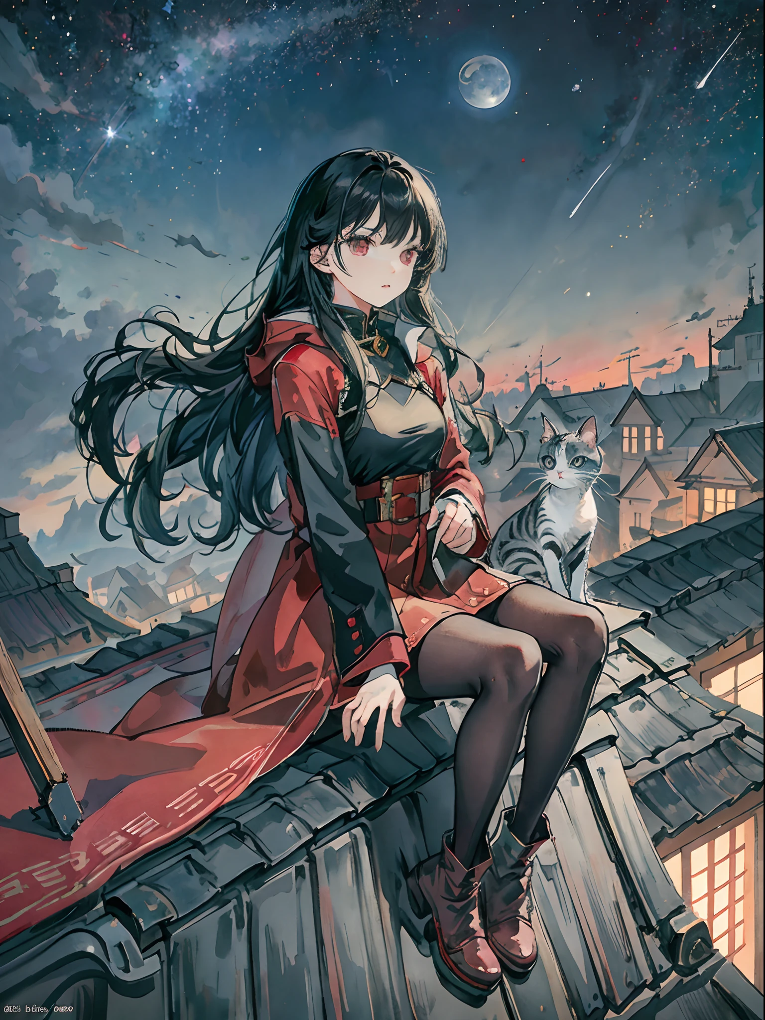 There is 1 girl and 1 kitten on the roof,full_Body,(Tall:1.1),black_Hair,Long_Hair,Thick_Hair,bangs,Red_Eyes,mediating_Breasts,Sitting,Coat,Shorts,Pantyhose, Boots, sitting on rooftop, The kitten crouched next to her,scenery, horizon, the roof,Moon,Night sky, Star, Masterpiece,Best quality,A high resolution,absurderes, Break,