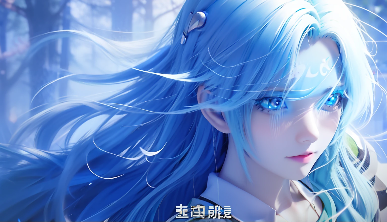 Anime girl with blue hair and eyes in the forest, an anime drawing by Yuumei, Pisif, Digital art, Flowing blue hair, trending on cgstation, Girl with blue hair, beautiful blue-haired girl, blue head, blue hairs, with blue hair, Azure. detailed hairs, Blue-white hair, anime girl with cosmic hair, Smooth anime CG art