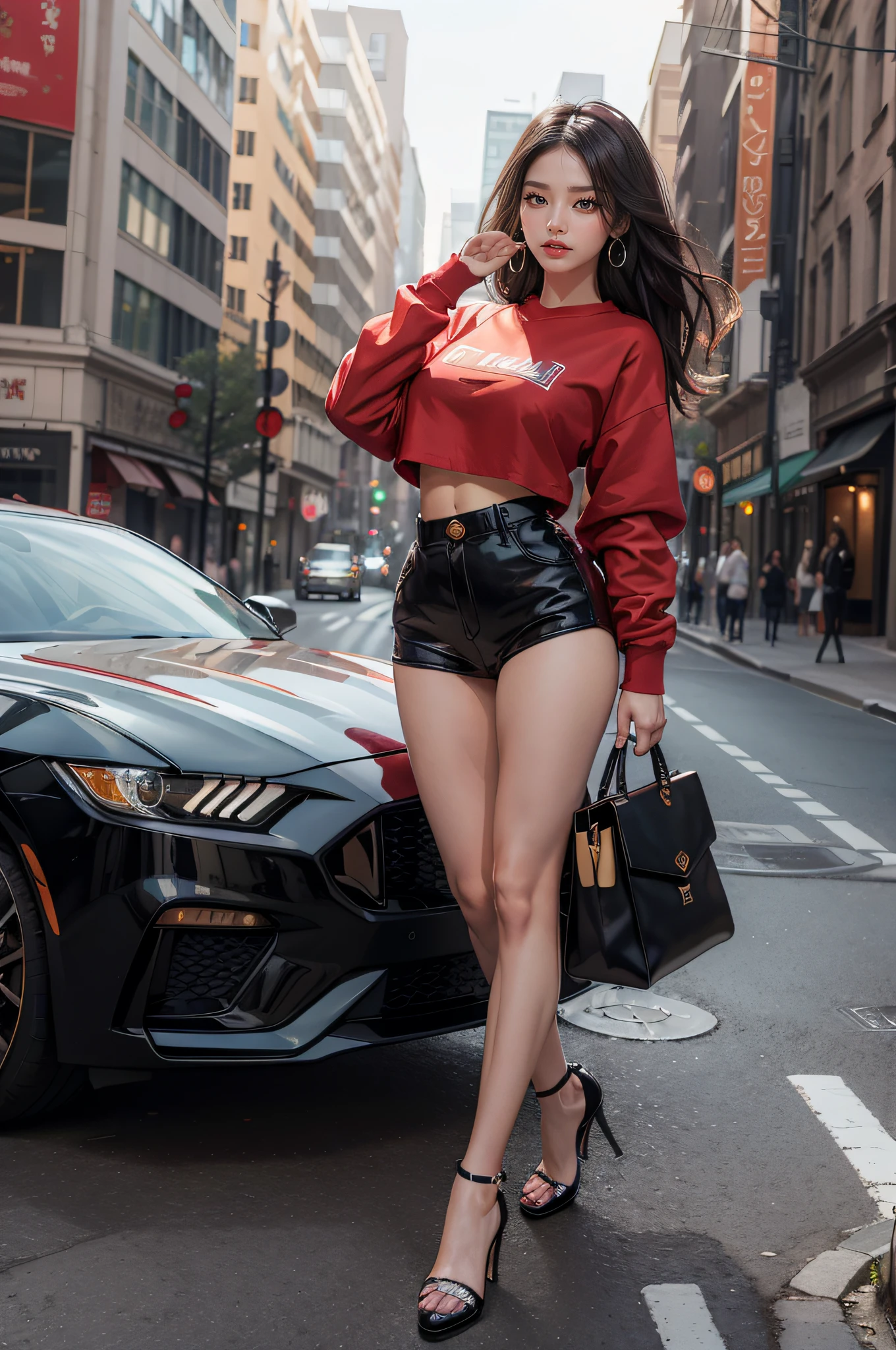 Top quality work，3D HD real scene，8K HD photos，10x pixel enhancement，very high res，highly detailed work，Clear and authentic work，Very detailed CG wallpaper，Clear focus：1.5，Natural dimming，Studio dimming，Face description：Three-dimensional facial features，Melon seed face，Korean actress face，Korean sexy little mustang Kim Hunya，Jin Xinya temperament，Kim Hyun also details，Deep black hair，Premium hair details，Clear hair texture：1.1，Enchanting eyes，二重まぶた，Fox eyes，Brown eyes，Advanced eye details：1.1，putting makeup on：Eye makeup，Gold eye makeup:1.1,Sexy and beautiful big red lips，Seductive lip shape，Superb lip detailing：1.1，Highly detailed and clear facial details：1.1，Perfect goddess face：1.1，Body shape description：Supermodel figure，Model body type，Perfect body proportions：1.3，Premium model body details：1.1，Top goddess figures：1.1，Wearing a crimson sweatshirt，Sweatshirt，dark red clothes，Leather shorts，Black leather shorts，Black YSL heels，high heels boots，blackstockings，With earrings，in a city street，Stand on the sidewalk and pose，Photo photos of modern clothing，fashion photoshoot，Sports style photos，Sporting female photo，Full body photo，Advanced skin details：1.1，Moist skin details：1.1