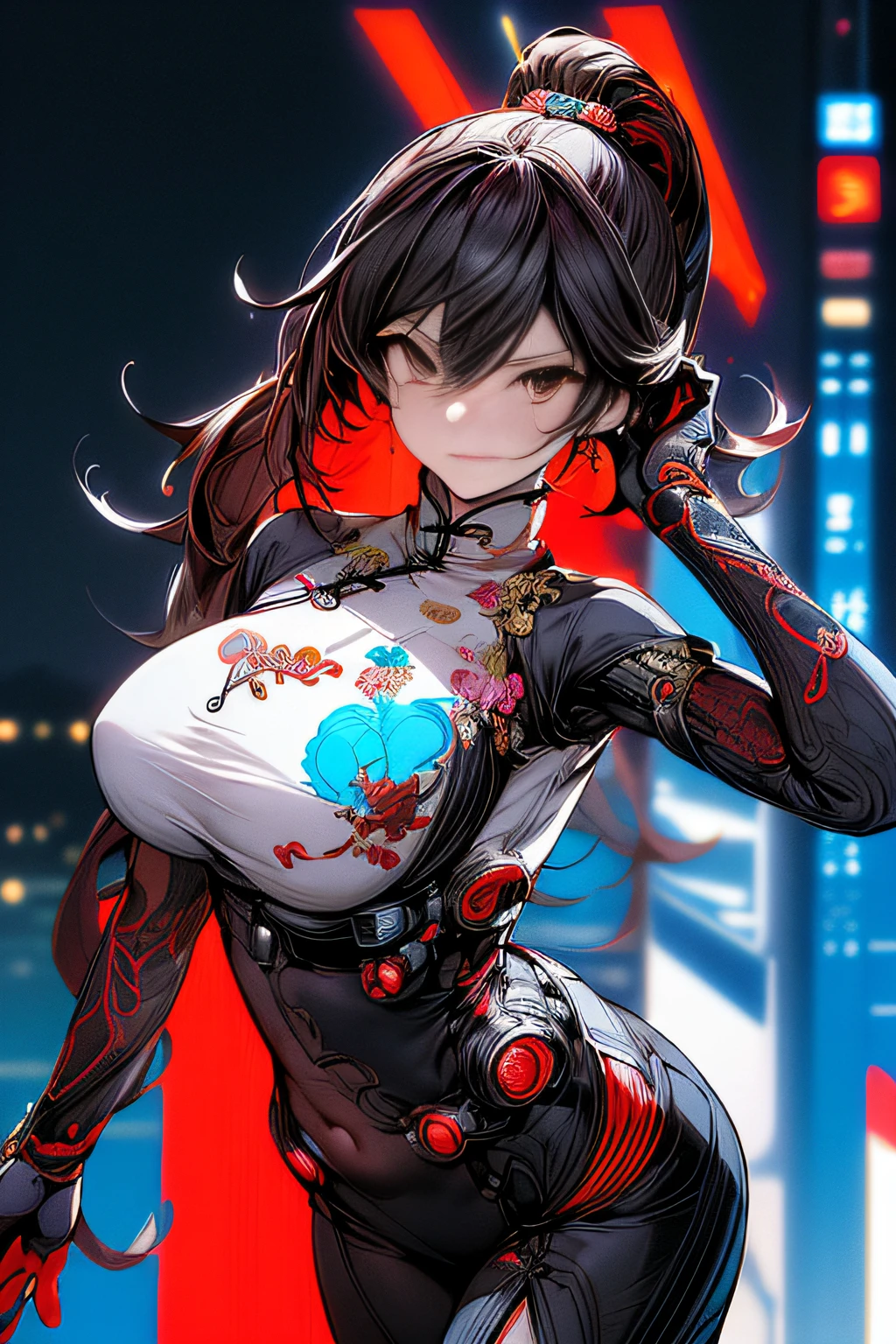 Has an anime poster featuring tattoos, girl, young and dangerous, big sister, medium long hair, curly hair hanging down, quirky boy, delicate dragon tattoo on the upper body, lean body, three-dimensional facial features, fierce and fierce eyes, bandages wrapped around hands, a watermelon knife in hand, background against the wall, light a cigarette with a lighter, red background, dragon art, manga style art, light red and light black,