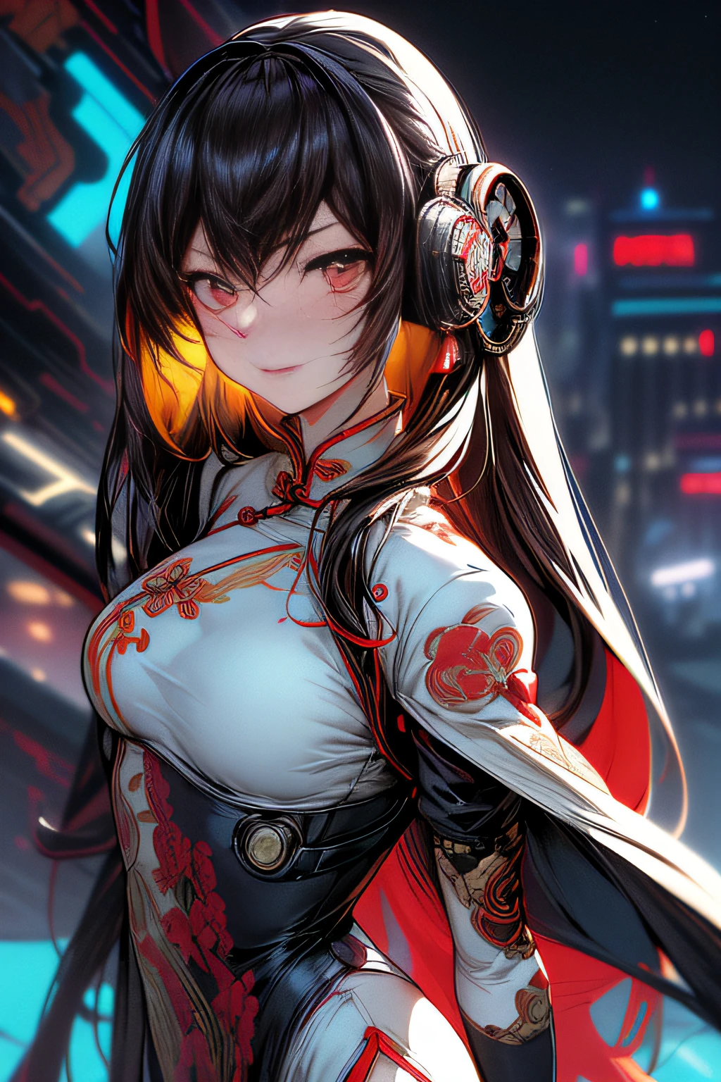 (comic book style),(linear art_Anime),(masutepiece, Best Quality, ),(Laura Bad Picture:1.2),(Lora Add Details:1.2),A highly detailed,(flat-colors:0.8), 8K,1 girl in、(Futuristic Chinese Fashion_Luxurious embroidery:1.2),Cyber Chinese Style_high-tech backdrop、(machinery background_Chinese background:1.0)、(cyberpunked:0.8)、(Cyber Equipment_Cyber weapons:1.0)