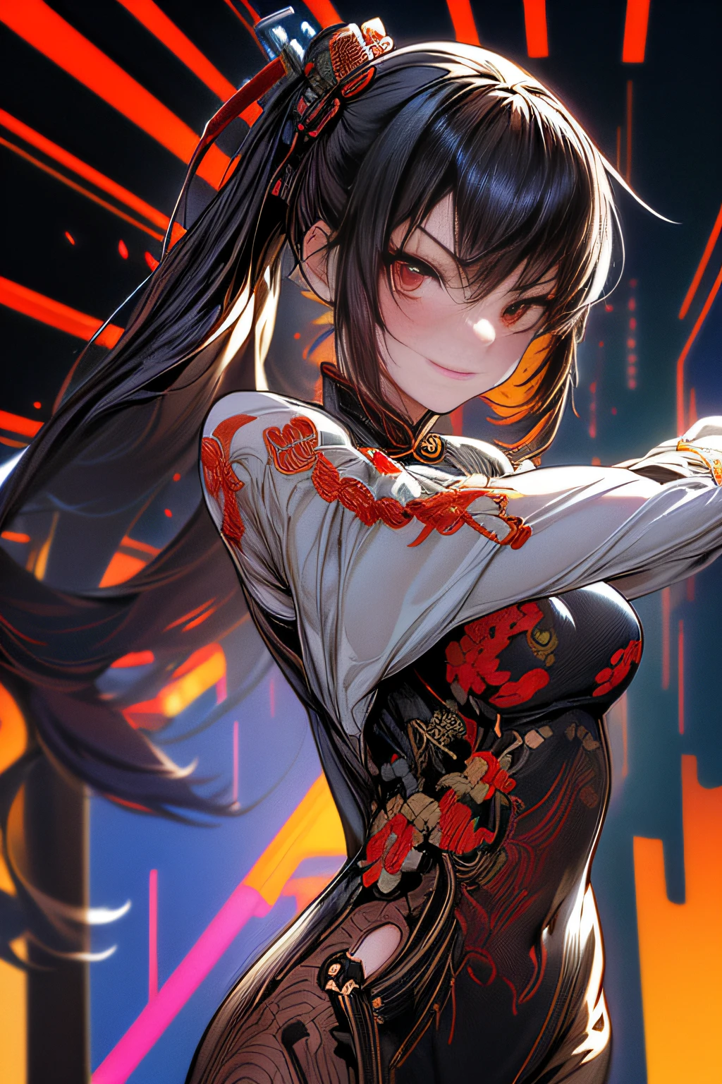 (comic book style),(linear art_Anime),(masutepiece, Best Quality, ),(Laura Bad Picture:1.2),(Lora Add Details:1.2),A highly detailed,(flat-colors:0.8), 8K,1 girl in、(Futuristic Chinese Fashion_Luxurious embroidery:1.2),Cyber Chinese Style_high-tech backdrop、(machinery background_Chinese background:1.0)、(cyberpunked:0.8)、(Cyber Gun_Cyber weapons:1.0)