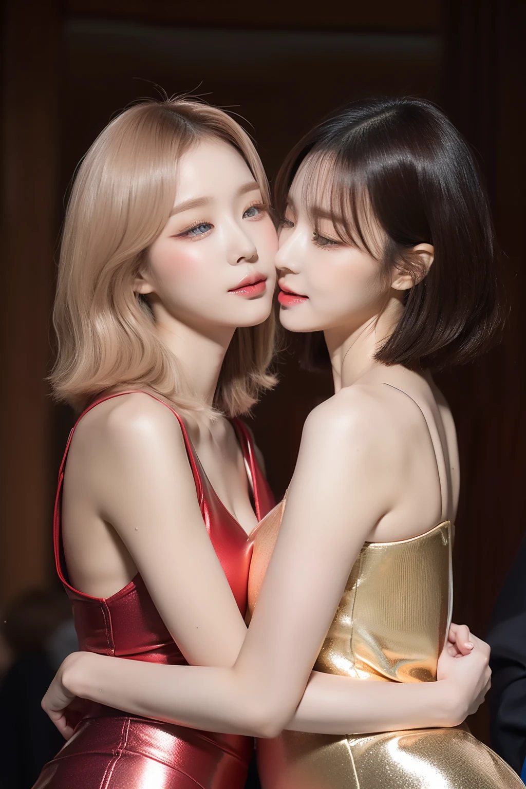 2girls、sprawl、the kiss、embracing each other、Hot kiss、Top image quality、Raw photography、超A high resolution、16-year-old woman、big round chest、Thin and tight metallic gloss tube top、Thin and tight metallic red skirt、Metallic Gloss Knee High Socks、Leather boots、Beautiful Eyes of Details、very elongated eyes、Beautiful eyelashes、Beautiful double eyelids、Bright blonde shorthair、very slender physique、Glossy dark red lipstick、eyeshadows、eye line、Sad face、red blush、The whole body is soaking wet、Turn your butt towards us、Sateen、