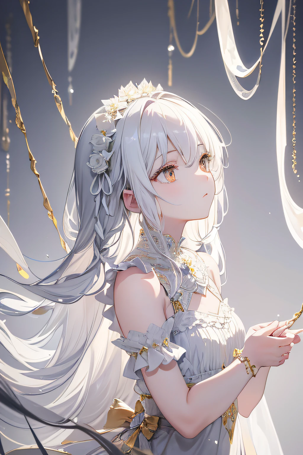 (Extremely delicate, masterpiece, excellent light and shadow, 8K HD wallpaper), white hair, golden eyes, white clothes intermittently translucent, looking up at the upper body, lace hair accessories, fair and rosy skin, waist tie, side braid swing.