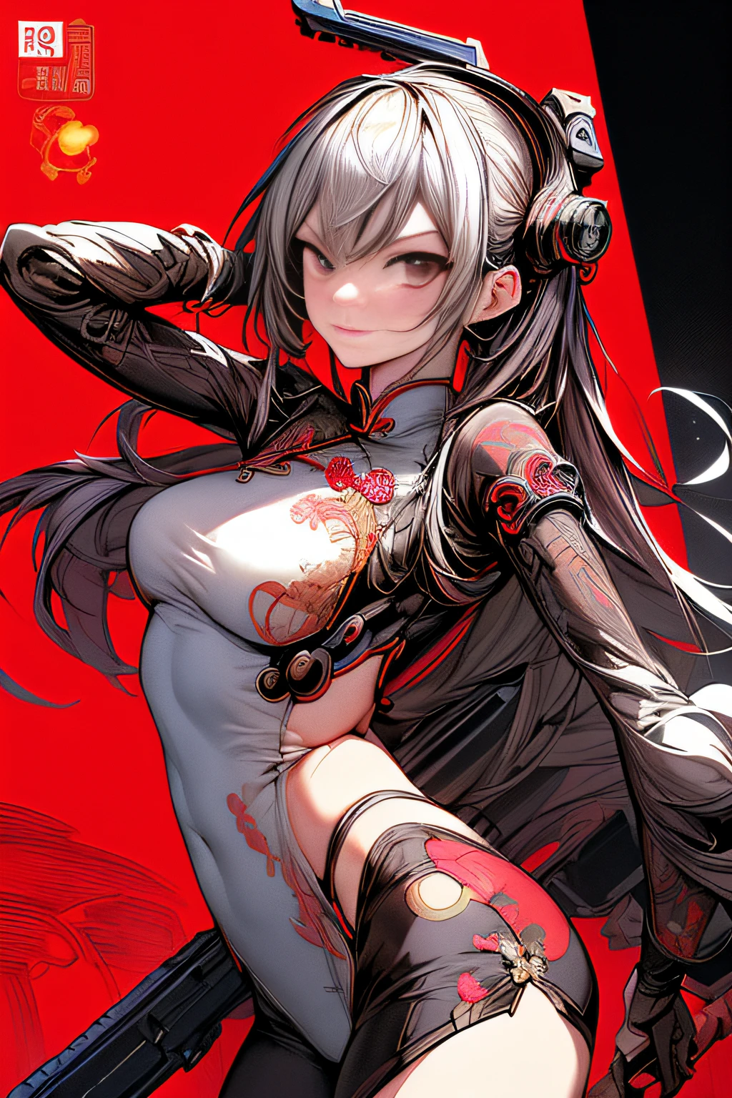(comic book style),(linear art_Anime),(masutepiece, Best Quality, ),(Laura Bad Picture:1.2),(Lora Add Details:1.2),A highly detailed,(flat-colors:0.8), 8K,1 girl in、(Futuristic Chinese Fashion_Luxurious embroidery:1.2),Cyber Chinese Style_high-tech backdrop、(machinery background_Chinese background:1.0)、(cyberpunked:0.8)、(Cyber Gun_Cyber weapons:1.0)