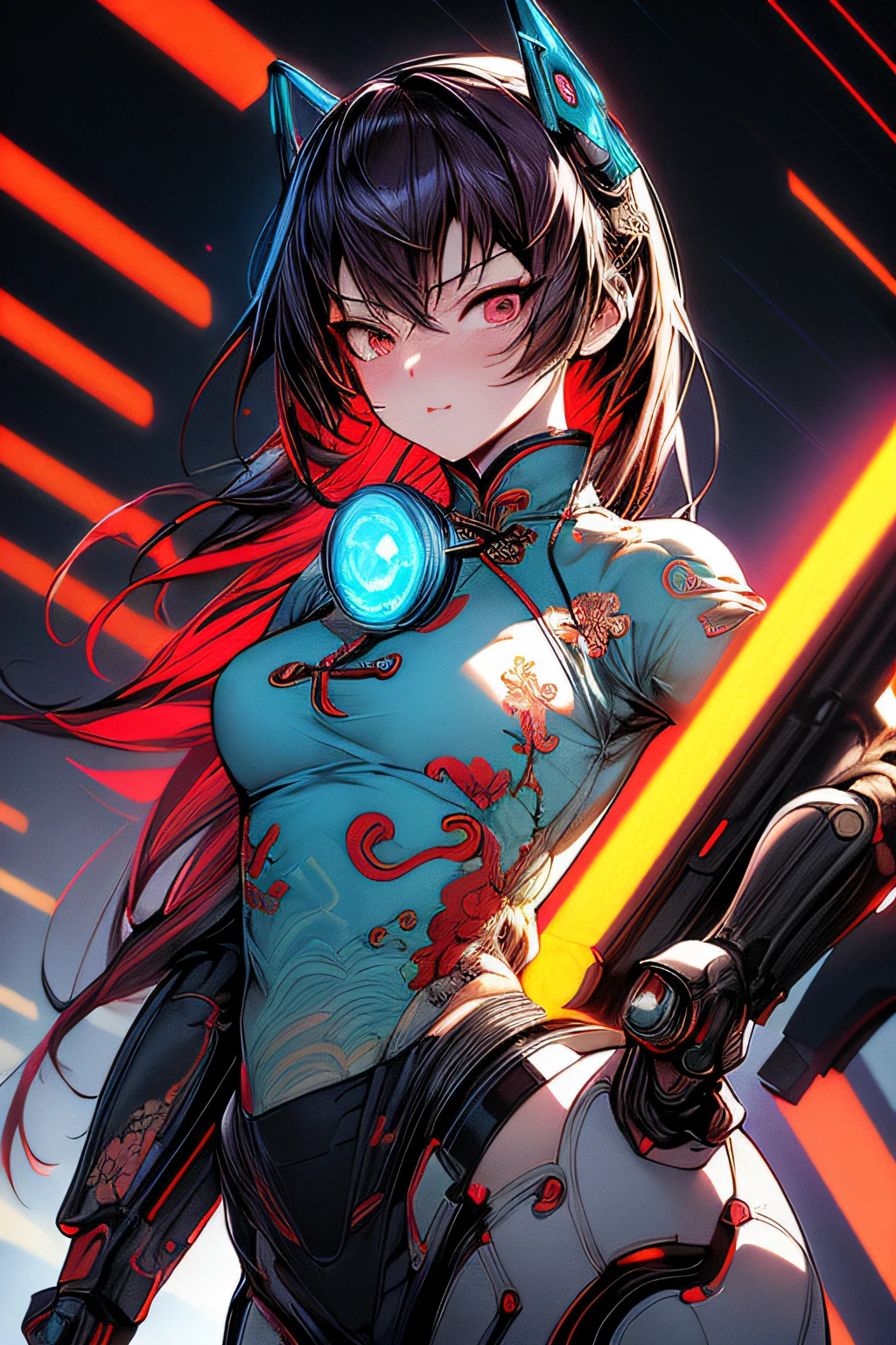(comic book style),(linear art_Anime),(masutepiece, Best Quality, ),(Laura Bad Picture:1.2),(Lora Add Details:1.2),A highly detailed,(flat-colors:0.8), 8K,1 girl in、(Futuristic Chinese Fashion_Luxurious embroidery:1.2),Cyber Chinese Style_high-tech backdrop、(machinery background_Chinese background:1.0)、(cyberpunked:0.8)、(Cyber Gun_Cyber weapons:1.0)
