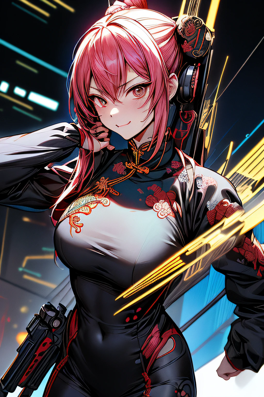 (comic book style),(linear art_Anime),(masutepiece, Best Quality, ),(Laura Bad Picture:1.2),(Lora Add Details:1.2),A highly detailed,(flat-colors:0.8), 8K,1 girl in、(Futuristic Chinese Fashion_Luxurious embroidery:1.2),Cyber Chinese Style_high-tech backdrop、(machinery background_Chinese background:1.0)、(cyberpunked:0.8)、(Cyber Gun_Cyber weapons:1.0)
