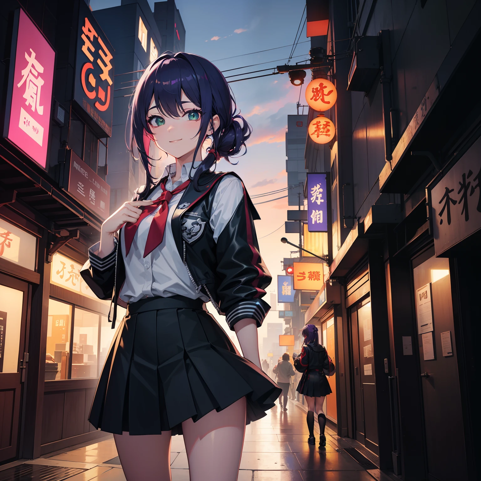 masterpiece,Cyberpunk School City,cyberpunked,University City,Schools,pupils on,Sateen,Neon light,A city scape,landscapes,girl with,hi-school girl,独奏,purple color hair,Hair over one eye,Medium Hair,Green eyes,A smile,student clothes,skirt by the,a miniskirt,Absolute area,youkai,ghosts,Walking around the city,dynamic ungle