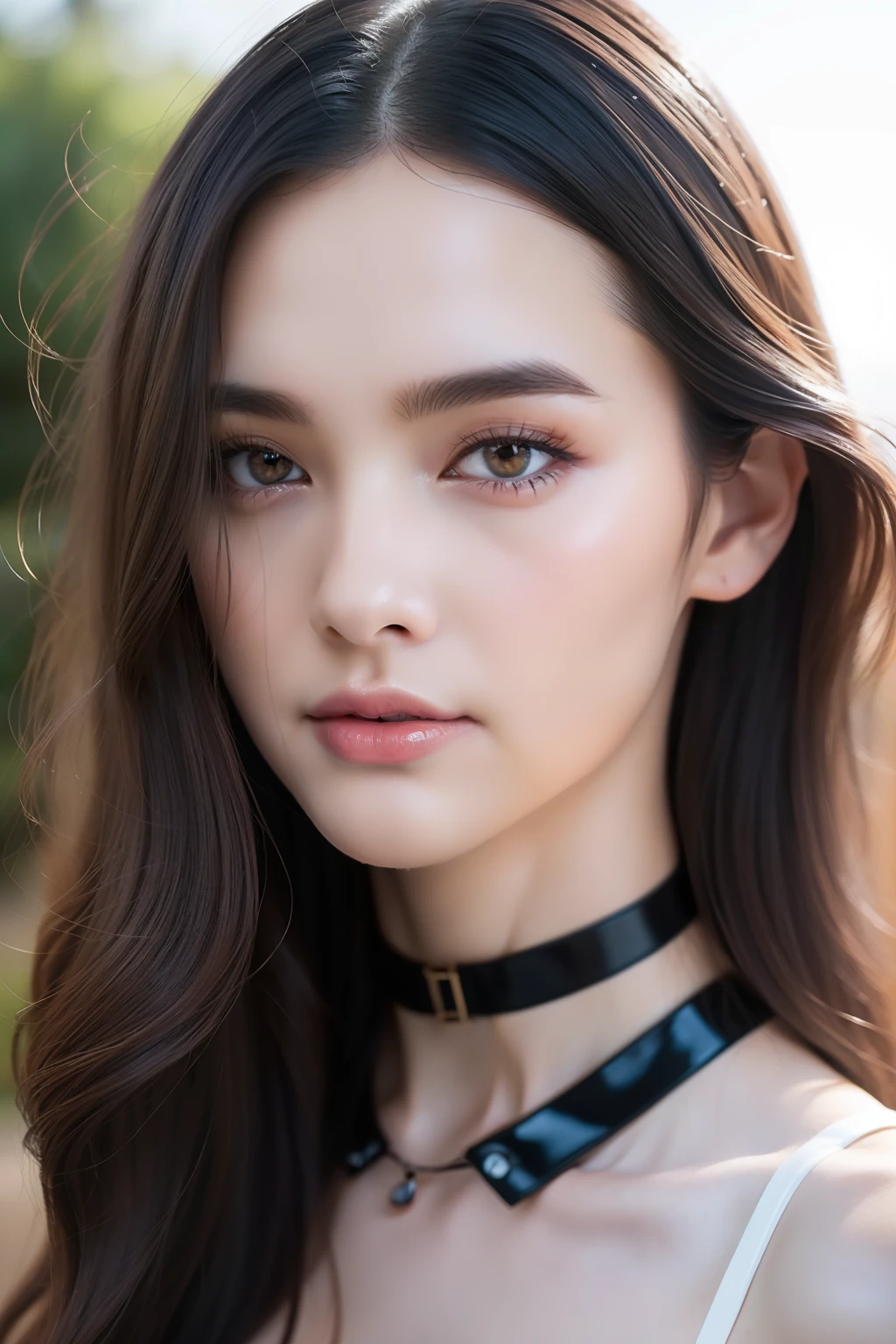 (Best quality, 8k, Masterpiece :1.3), (realistic, photorealistic: 1.37), (1girl), (Pretty woman in her 20s), (slim), (emphasizing slender abs :1.3), (Korean), (tight, wet and transparent dress), (visible thongs), (choker on neck), (random sexy pose, spread legs), (long wavy hair), (large breasts :1.3), (outdoors), (Ultra-detailed face), (Detailed eyes), (Double eyelids), (eyeshadow intensifying), (many eyelashes), (perfect body), (long legs), (professional lighting), (photon mapping), (radiosity), (looking directly at viewer)