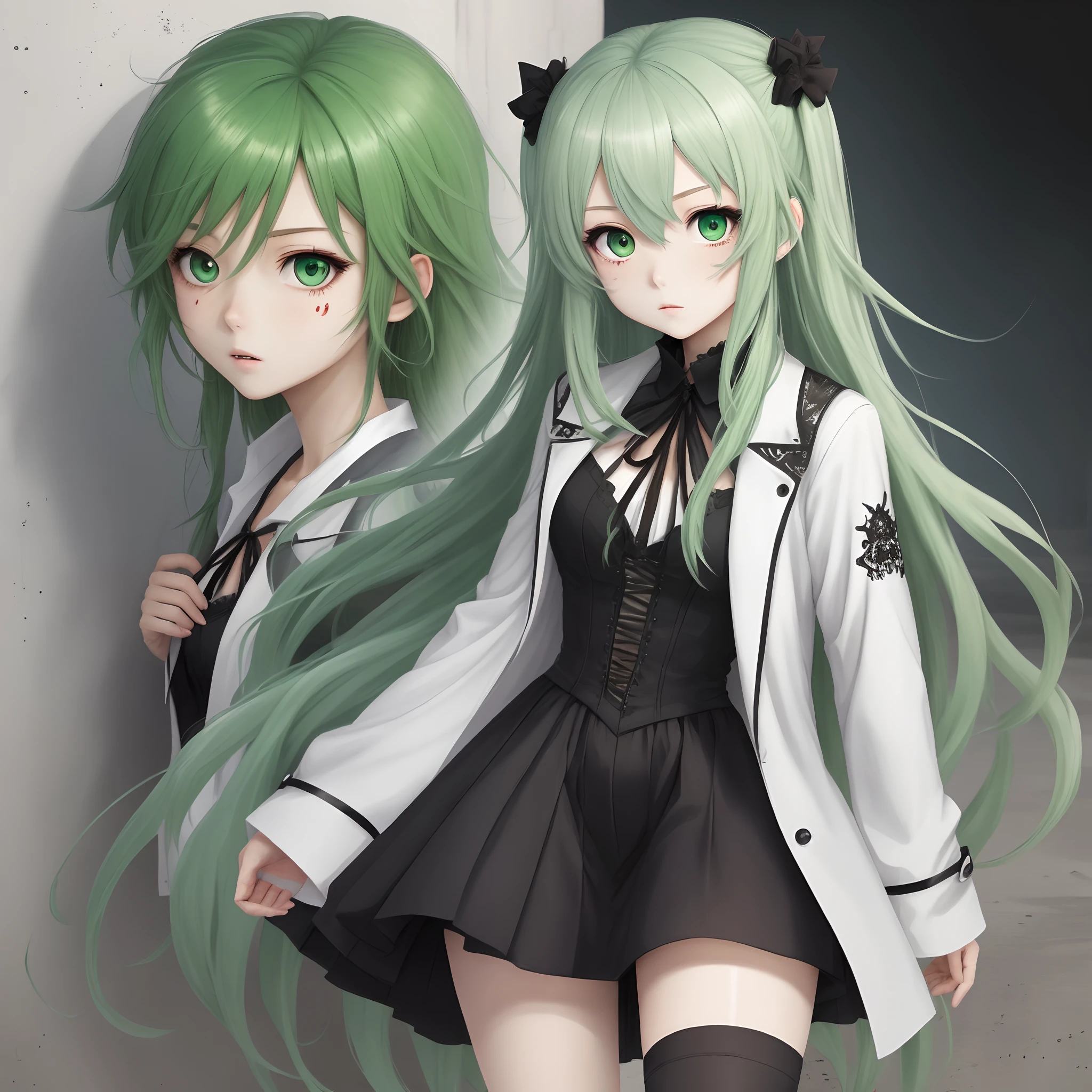 Green hair，animemanga girl，long whitr hair，handpainted，Gothic，Manteau blanc，terrifed，Bleeding from the corners of the eyes