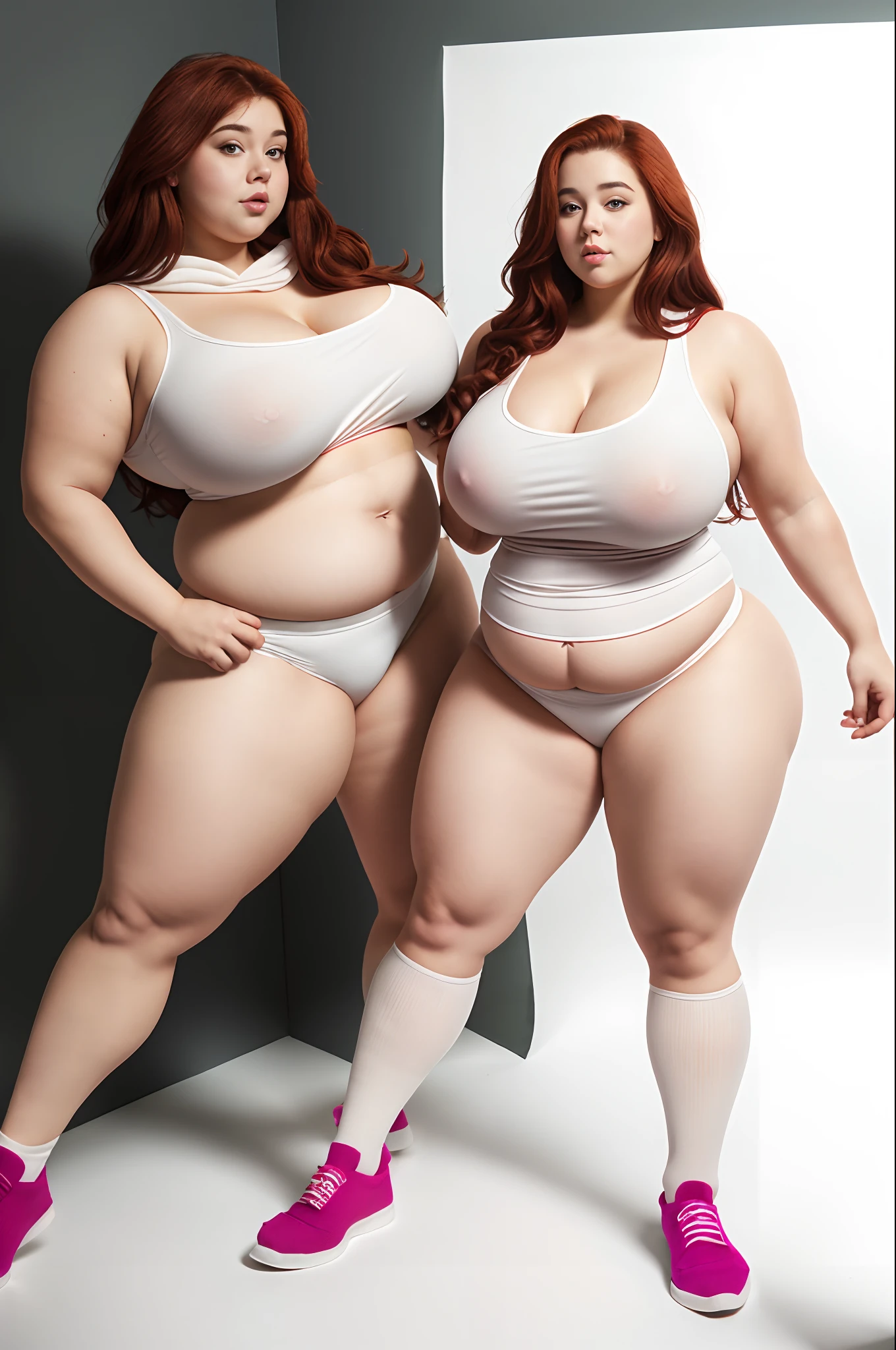 Fat woman, saggy big boobs, saggy belly, eating junk food,tight dress, large ass, 1girl, fat shoulders, auburn very long hair, masterpiece, best quality, shoes, full body, posing for a picture, beautifully color-coded, socks, scrunchbutt leggings white background, studio, looking away, covered by hood
