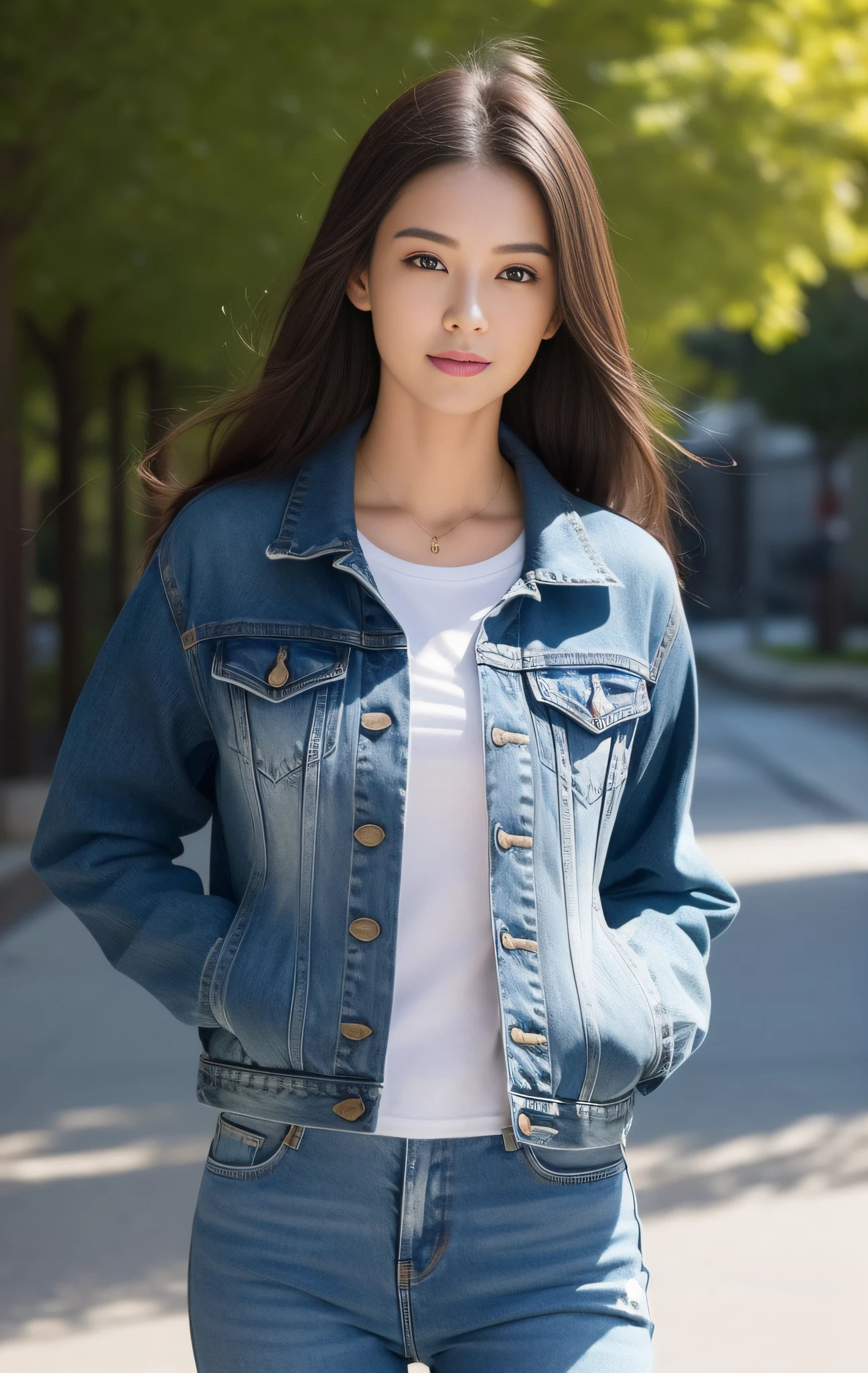((best qualtiy, 8K, tmasterpiece:1.3)), sharp fokus:1.2,one-girl, Beautiful Women with Perfect Figure:1.4, Slim abs:1.1, (Denim jacket:1.4),exteriors,rays of sunshine,Ultra-fine face,Fine eyes,二重まぶた,Slim legs,