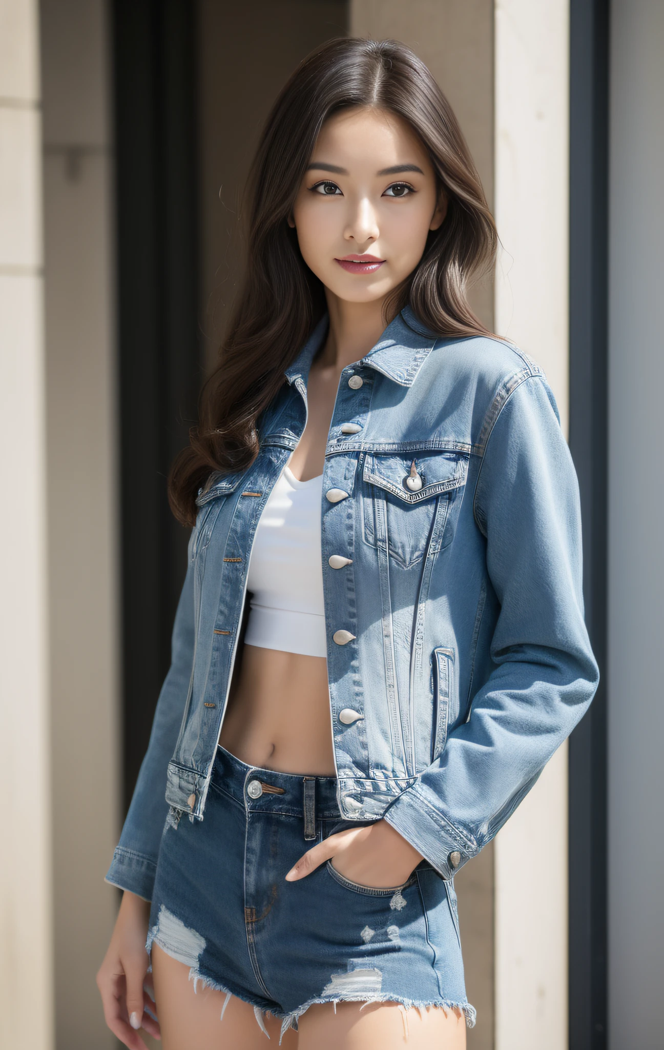 ((best qualtiy, 8K, tmasterpiece:1.3)), sharp fokus:1.2,one-girl, Beautiful Women with Perfect Figure:1.4, Slim abs:1.1, (Denim jacket:1.4),exteriors,rays of sunshine,Ultra-fine face,Fine eyes,二重まぶた,Slim legs,