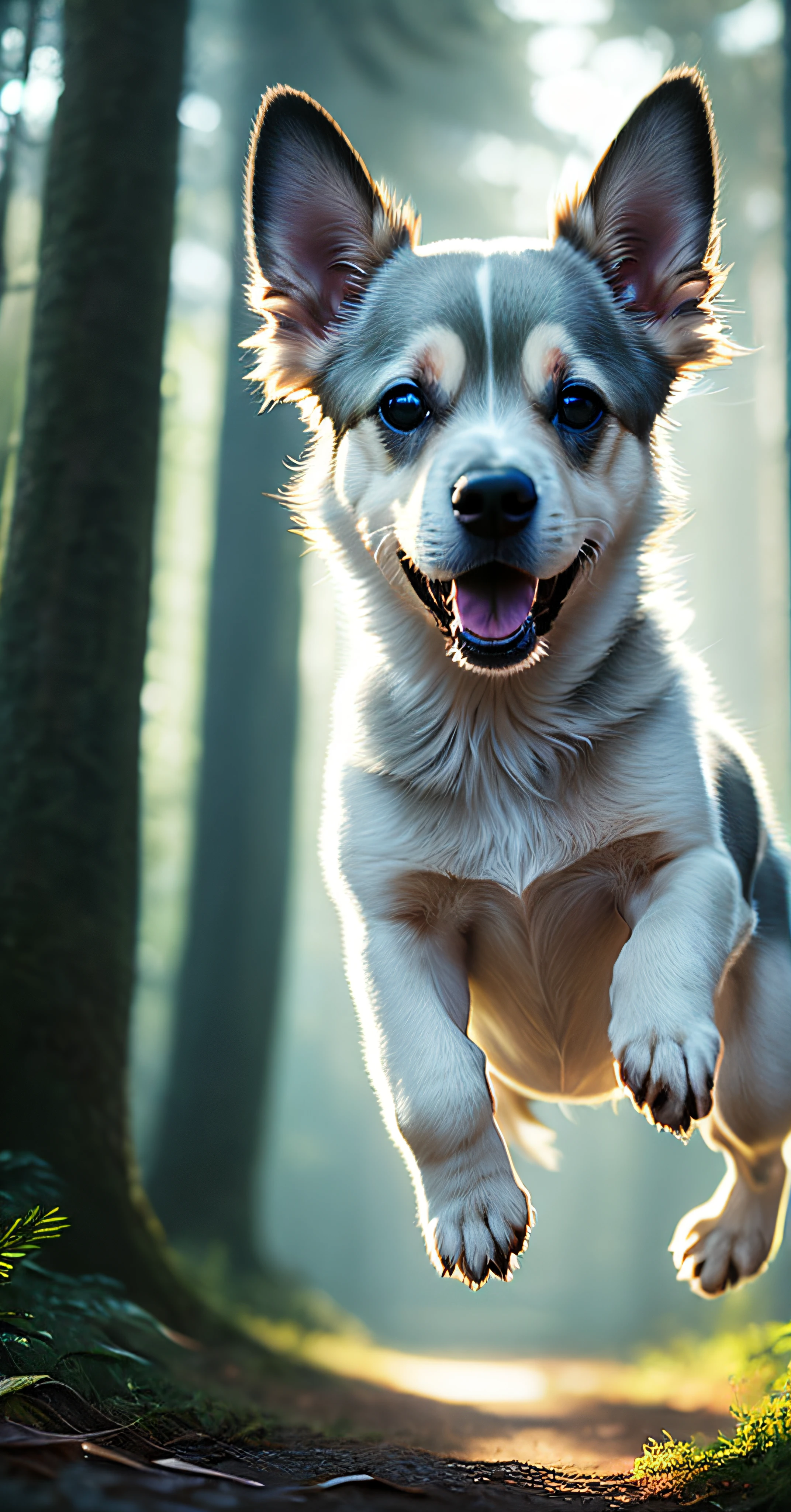 Close-up of a very cute jumping puppy in the forest, soft volumetric light, (backlight: 1.3), (movie: 1.2), intricate details, (ArtStation: 1.3), Rutkowski