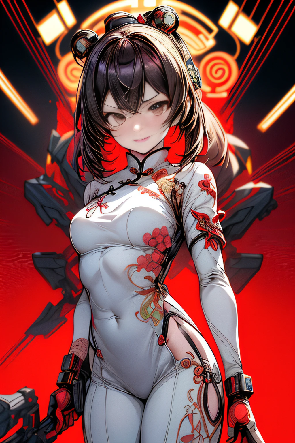 (comic book style),(linear art_Anime),(masutepiece, Best Quality, ),(Laura Bad Picture:1.2),(Lora Add Details:1.2),A highly detailed,(flat-colors:0.8), 8K,1 girl in、(Futuristic Chinese Fashion_Luxurious embroidery:1.2),Cyber Chinese Style_high-tech backdrop、(machinery background_Chinese background:1.0)、(cyberpunked:0.8)、(Cyber Gun_Cyber weapons:1.0)