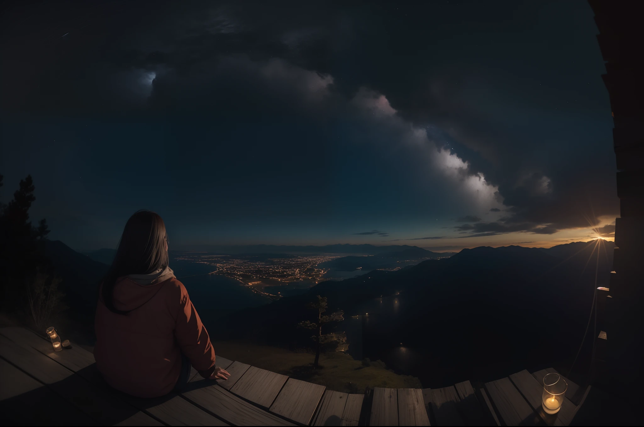 in style of hayao miyazaki,(Hayao Miyazaki animated film:1.4),1 Outdoor girls, late, starrysky, in a panoramic view, scenecy, horizon,Cottage rooftop, sitting on rooftop,Look down on the city lights, ventania,The wind ruffled the long hair,super-fine,Works of masters,high qulity,8K分辨率,depth of fields,电影灯光,Epic shooting,high qulity,super-fine,Detailed pubic hair,Accurate,Cinematic lighting,((best qualtiy)), ((tmasterpiece)), (A detailed:1.4),Enhanced dynamic perspective