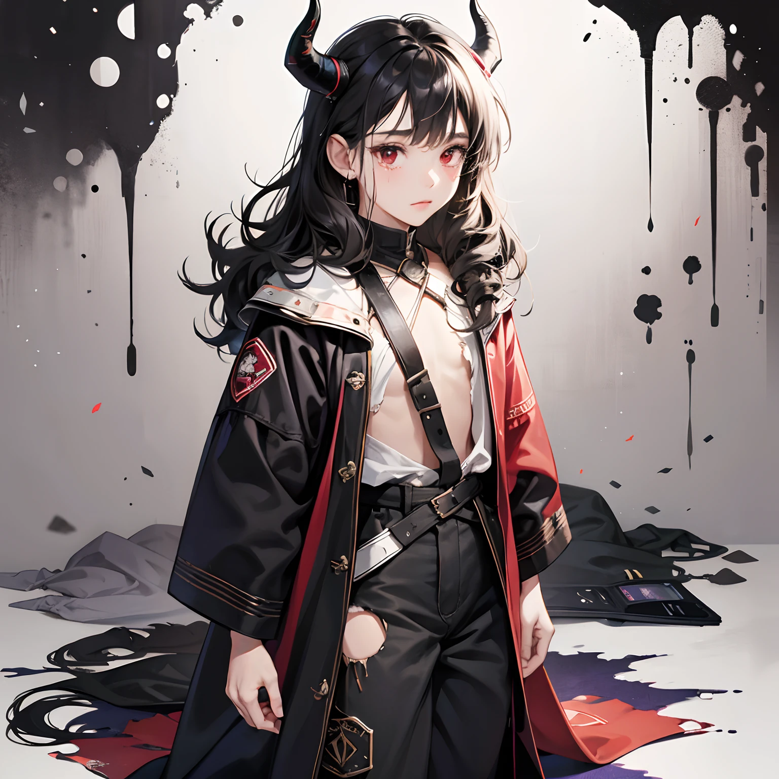 age girl, baggy pants with tears and holes on the legs, dirty and torn robe, dark curly half tied up hair, red eyes, black and white bow, small chest, religious pin on bow, high quality, super detailed, high definition, pure white background, full body, demon horns, messy hair, tan skin color, purple and black clothing color pallete, baggy and old style looking clothes, long cloak