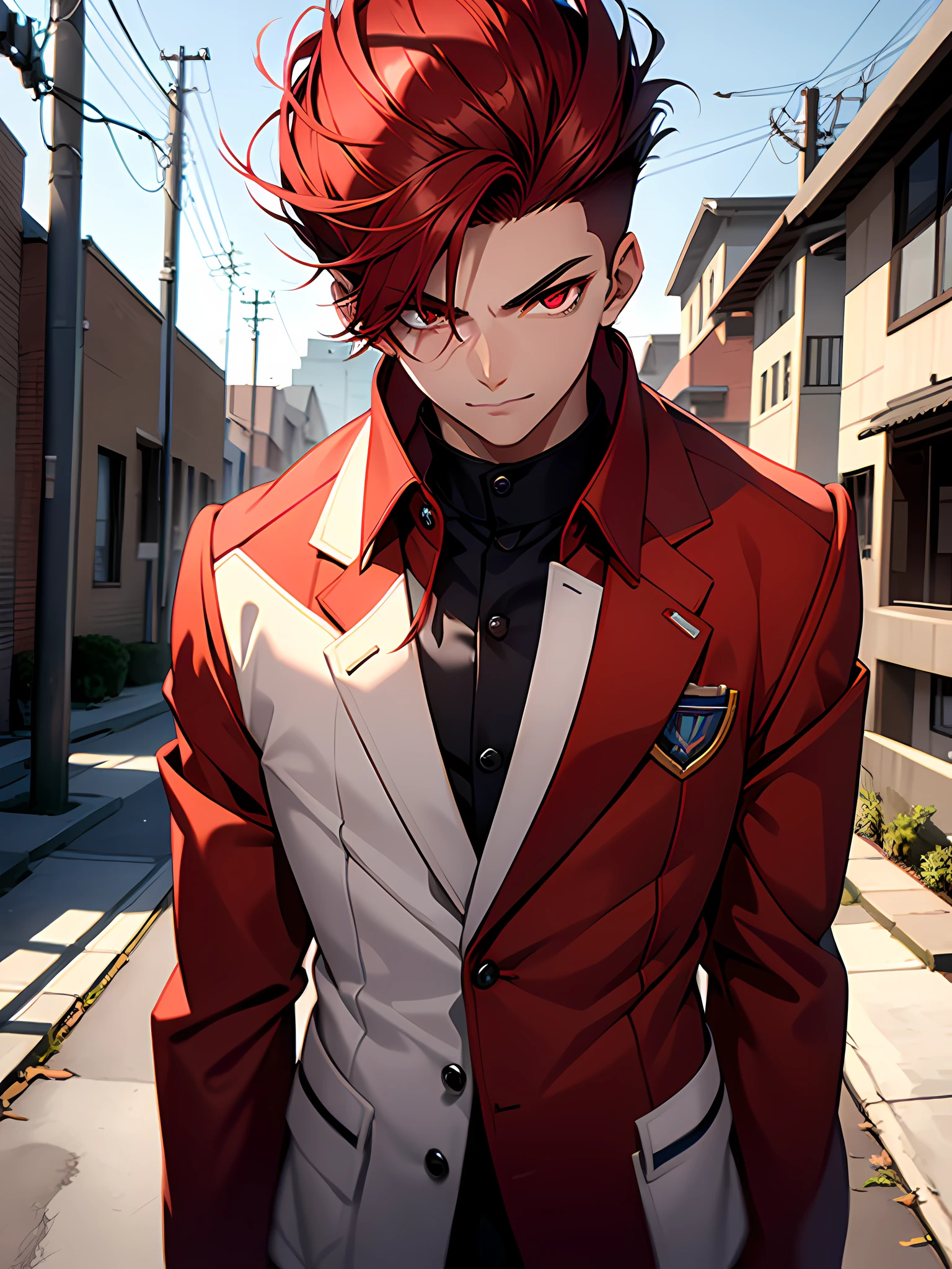 1 teenager boy with a serious smirk face, with white skin, with beautiful red eyes with long eyelashes, with low fade red haircut, standing straight with good composure, he is wearing highschool uniform, his in the neighborhood, high res, ultrasharp, 8k, masterpiece, looking at viewer